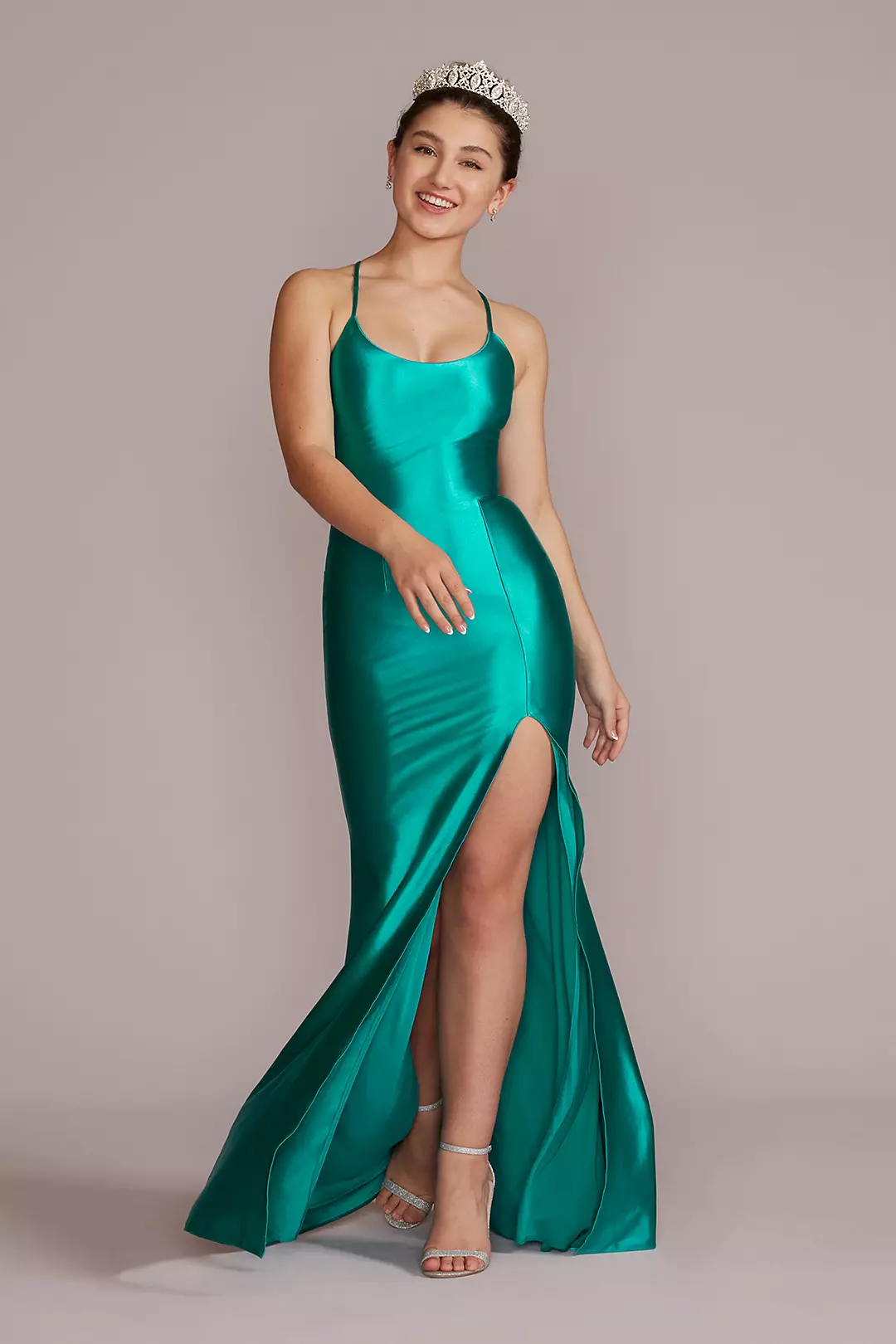 Stretch Satin Scoop Neck Sheath with Slit - Image 16