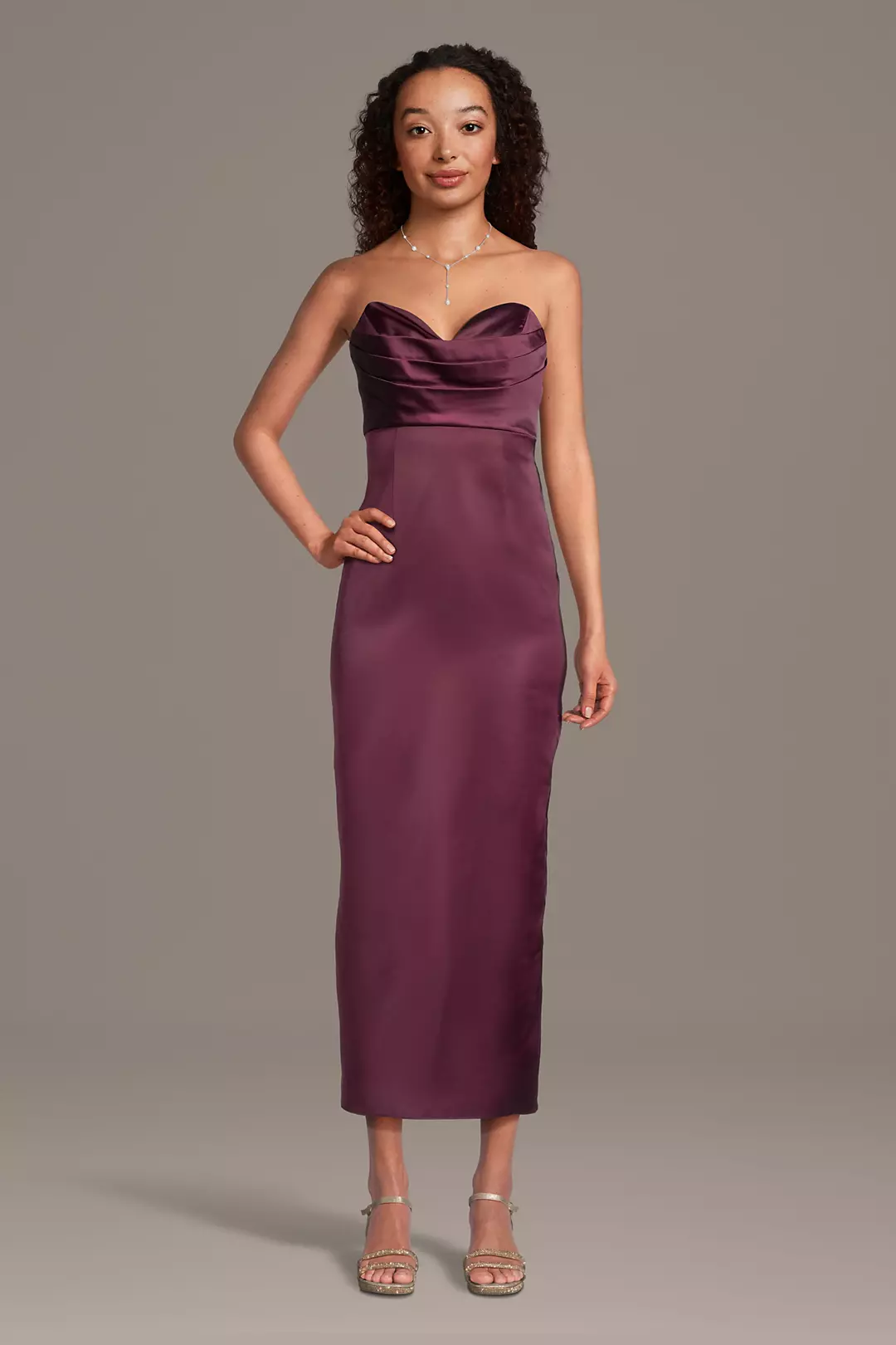Stretch Satin Sculpted Neckline Sheath Dress - Image 4