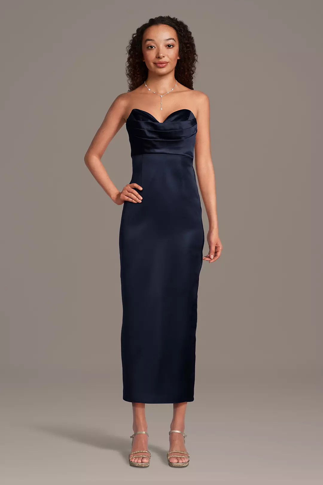Stretch Satin Sculpted Neckline Sheath Dress - Image 6