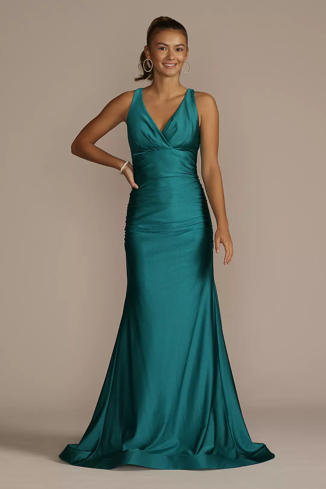 Stretch Satin V-Neck Tank Mermaid Dress - Image 3