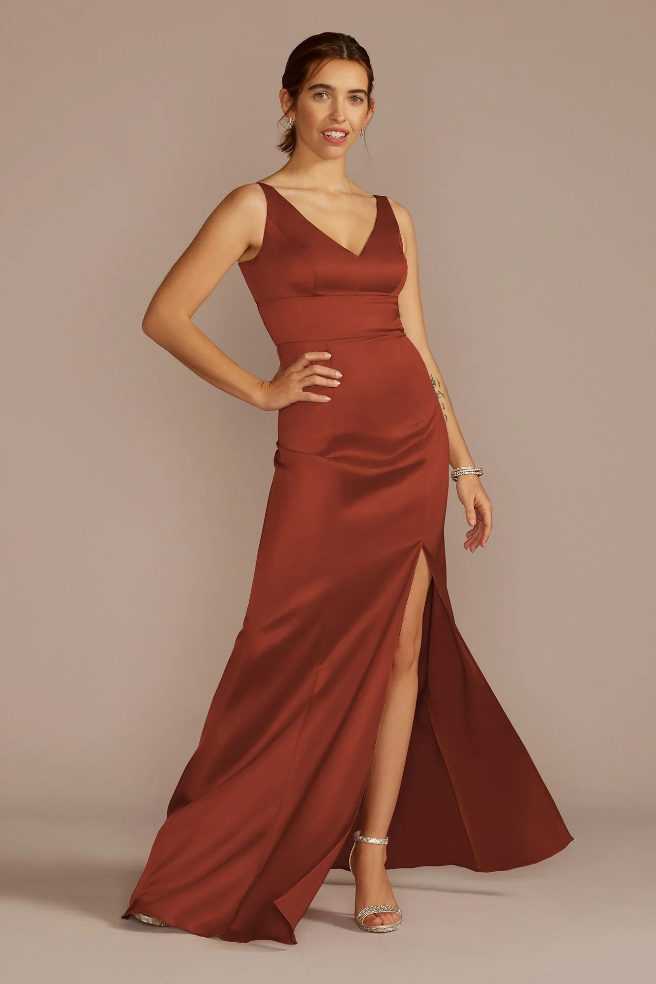 Stretch Satin V-Neck Tank Sheath Dress - Image 15