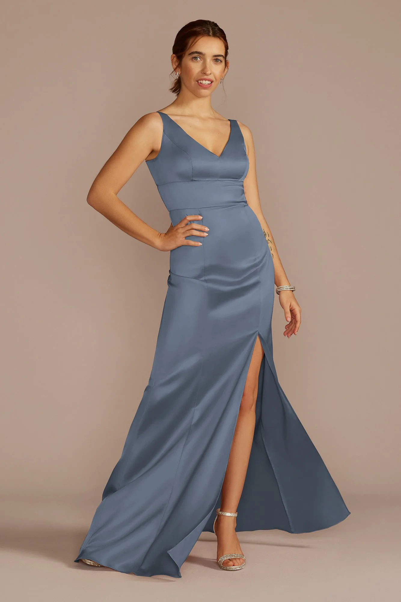 Stretch Satin V-Neck Tank Sheath Dress - Image 2
