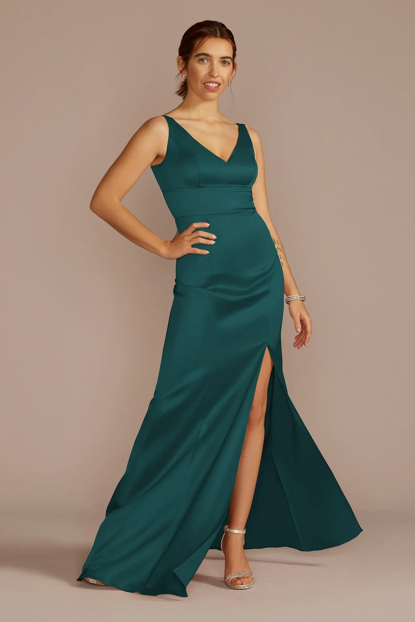 Stretch Satin V-Neck Tank Sheath Dress - Image 24
