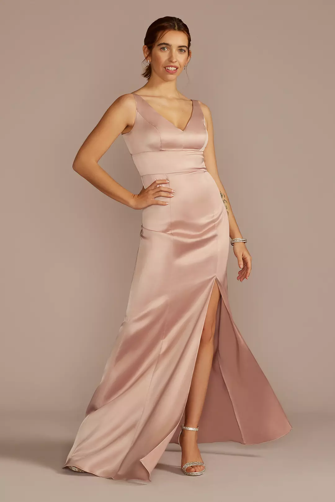 Stretch Satin V-Neck Tank Sheath Dress - Image 29