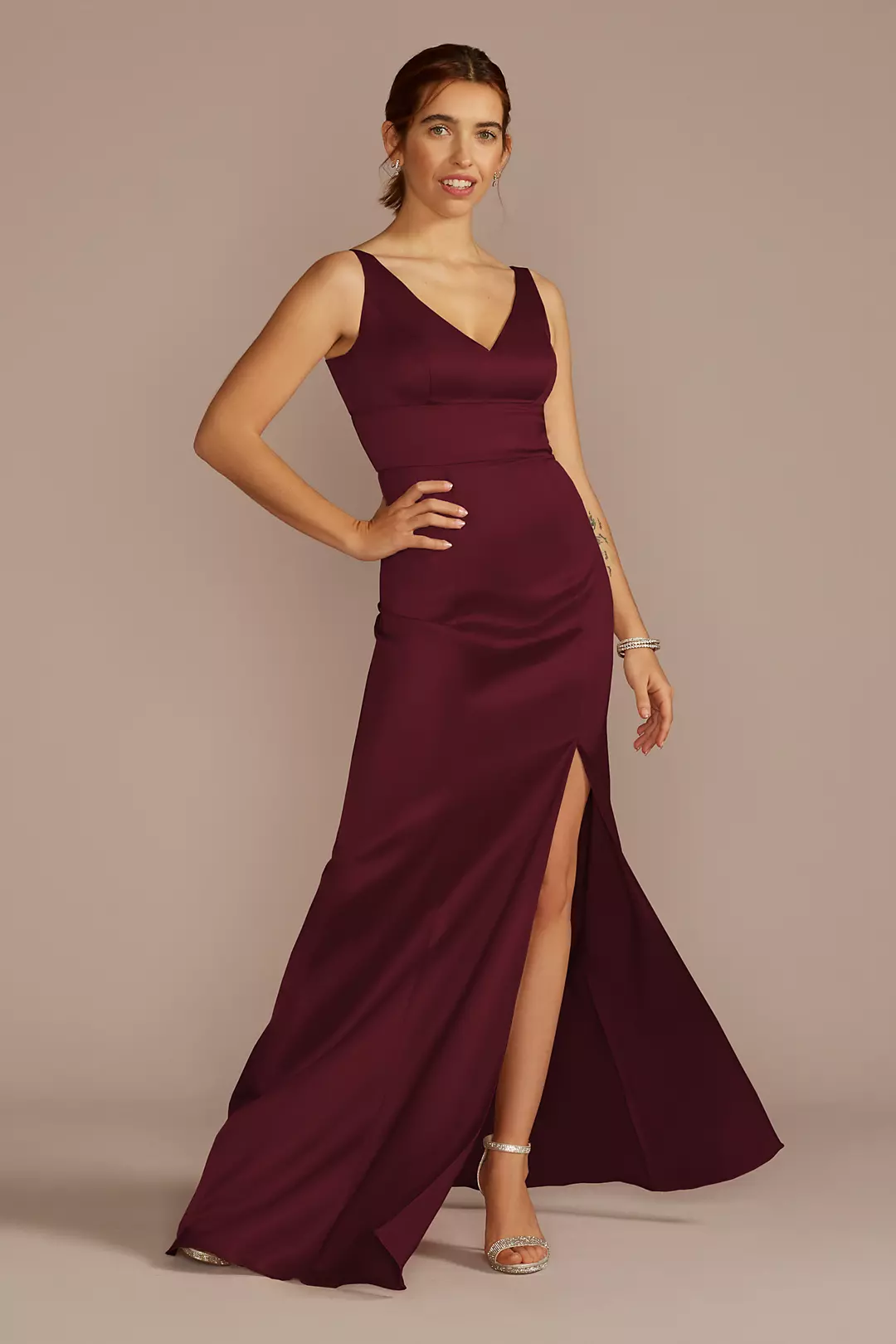 Stretch Satin V-Neck Tank Sheath Dress - Image 32