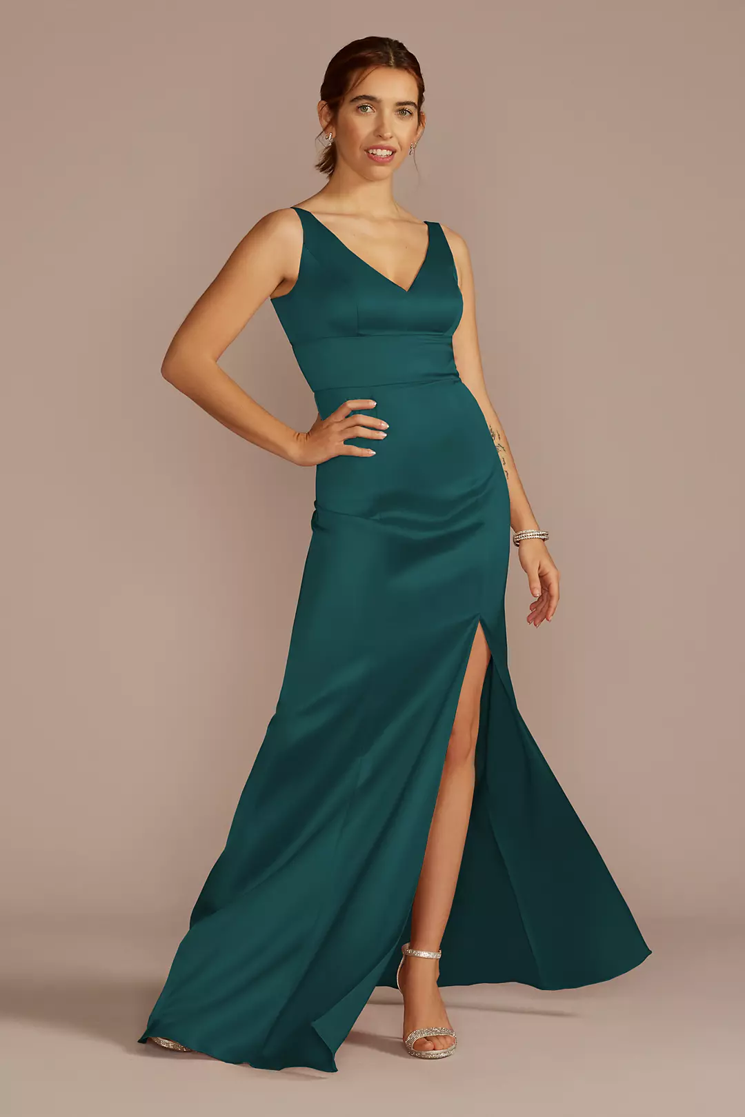 Stretch Satin V-Neck Tank Sheath Dress - Image 33
