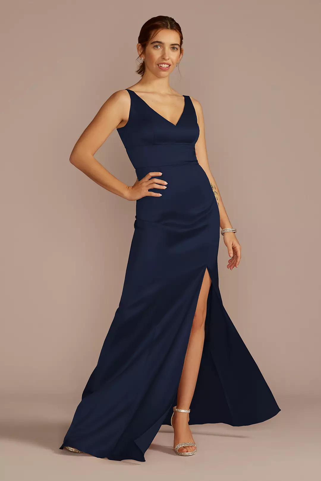 Stretch Satin V-Neck Tank Sheath Dress - Image 38