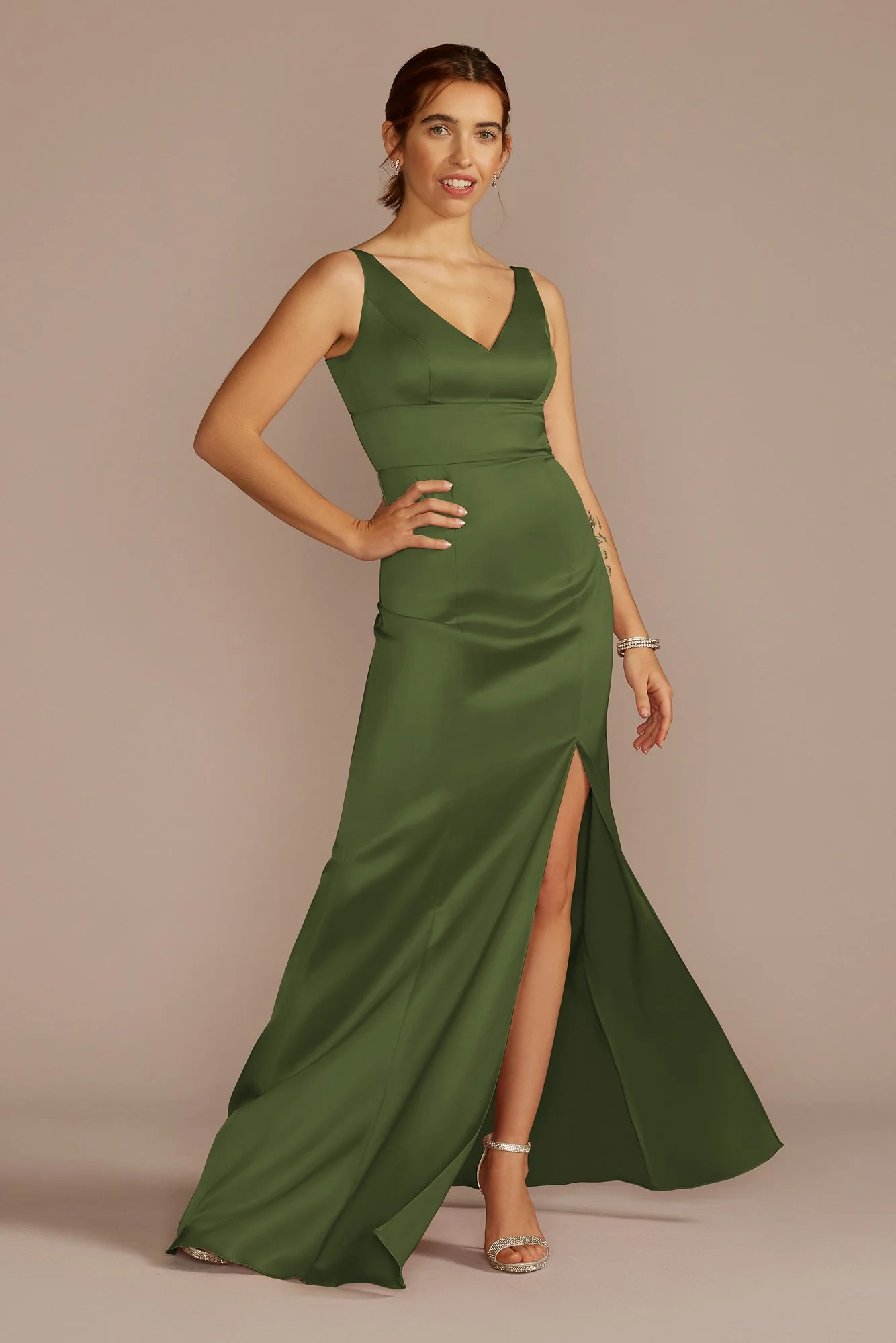 Stretch Satin V-Neck Tank Sheath Dress - Image 4