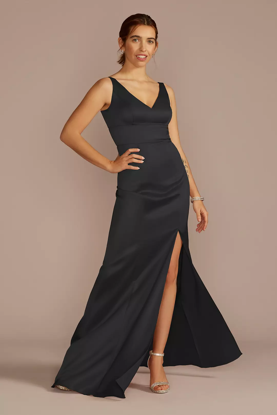 Stretch Satin V-Neck Tank Sheath Dress - Image 46