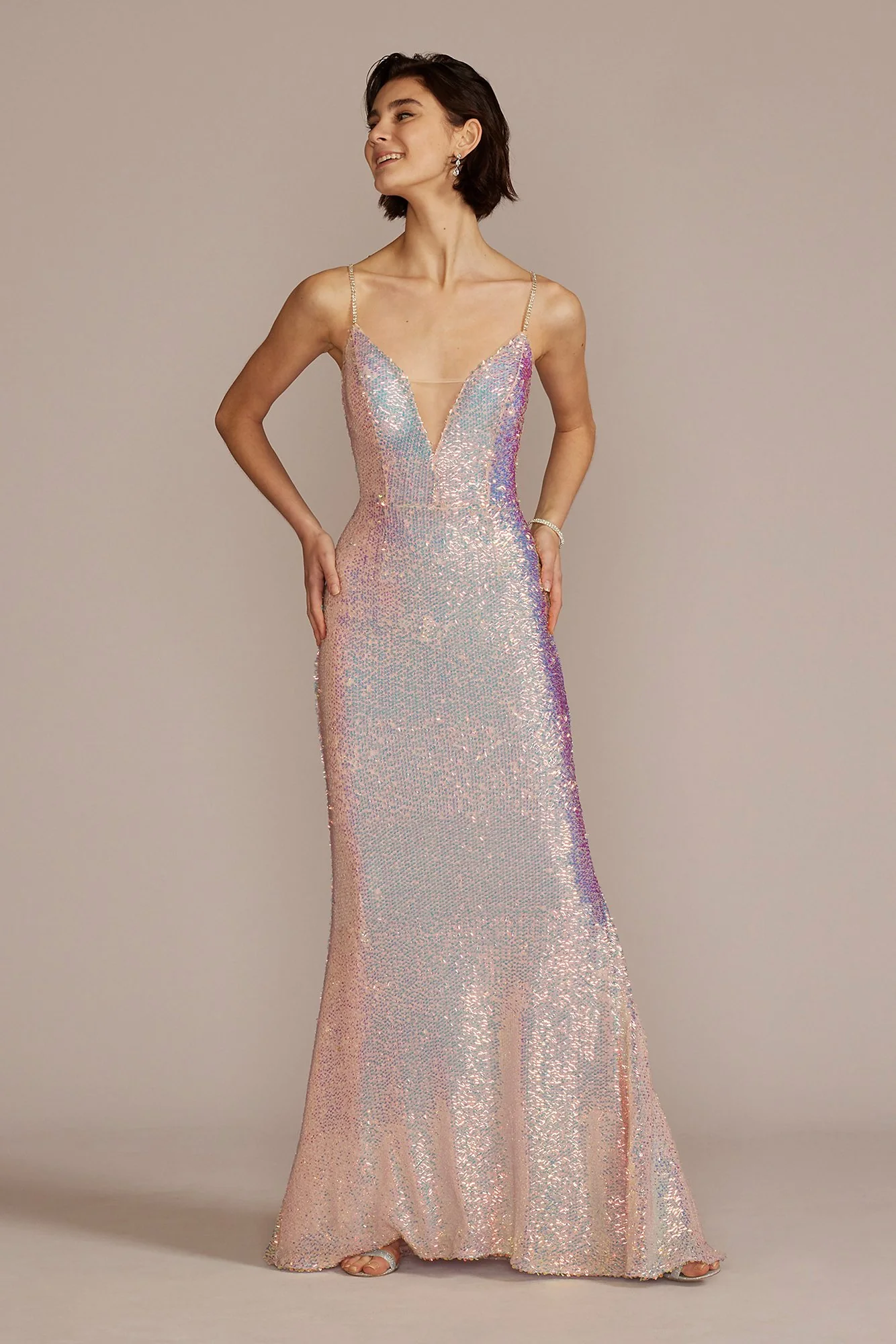 Stretch Sequin Prom Dress with Illusion V-Neck