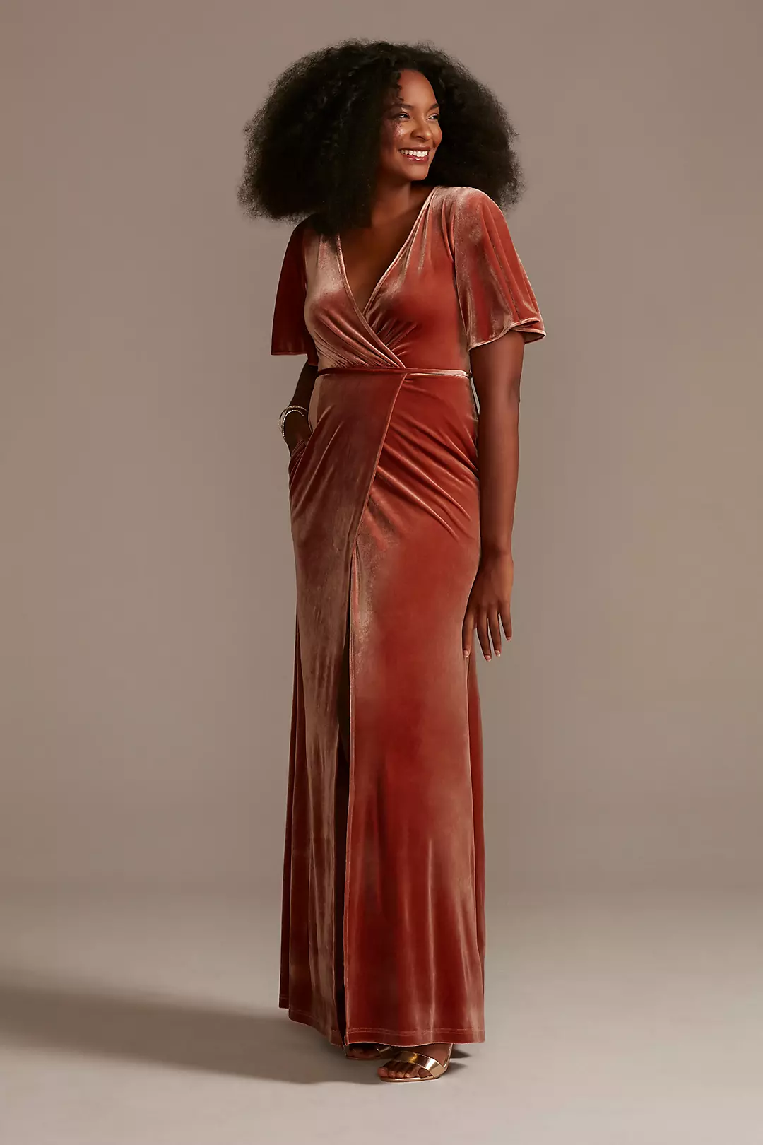 Stretch Velvet Flutter Sleeve Dress - Image 6