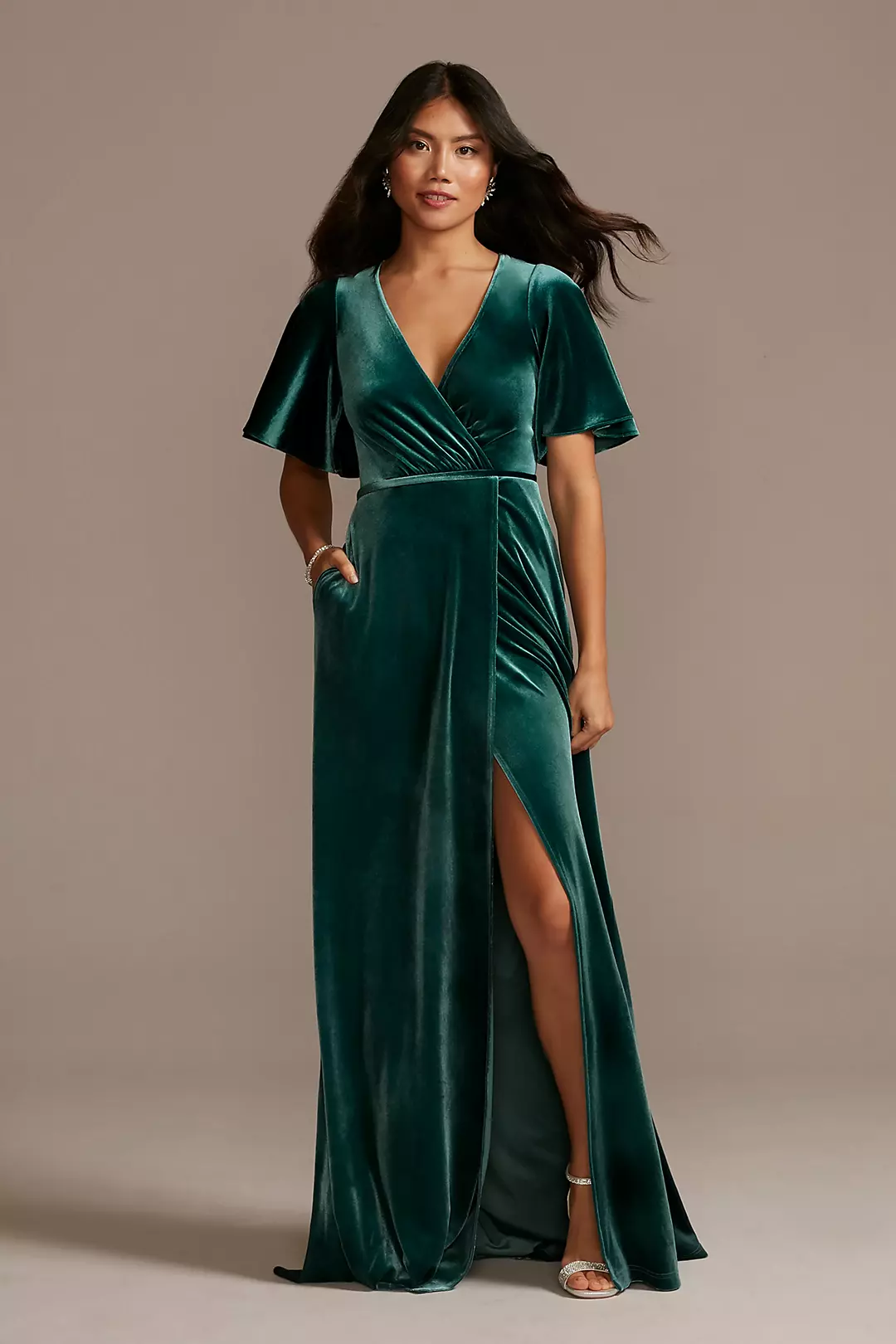 Stretch Velvet Flutter Sleeve Dress - Image 9