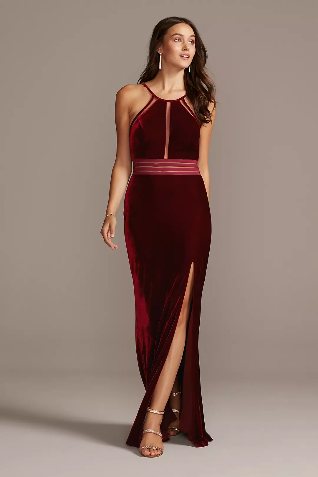 Stretch Velvet High Neck Gown with Sheer Details - Image 4