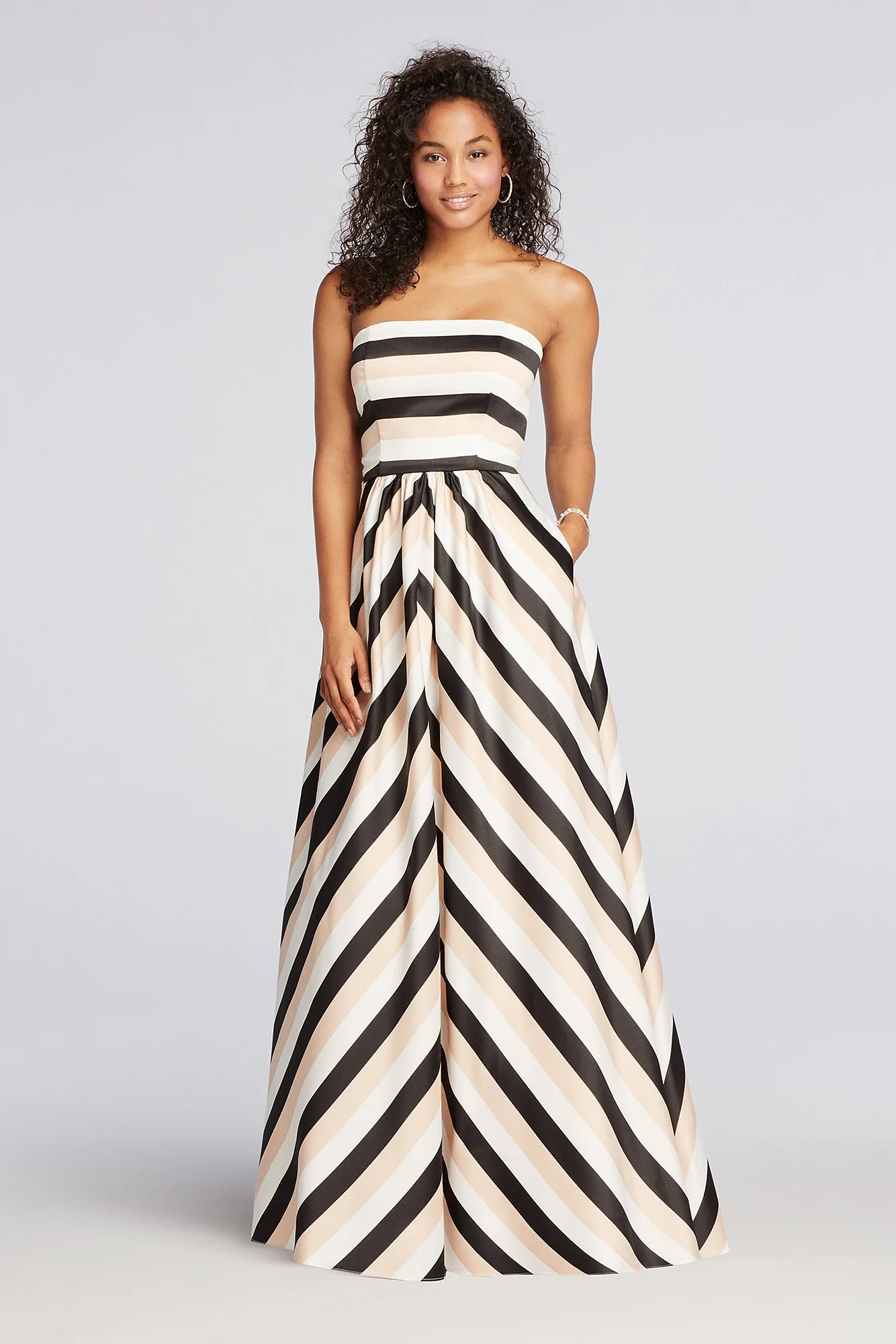 Striped Strapless Prom Dress with Pockets - Image 2