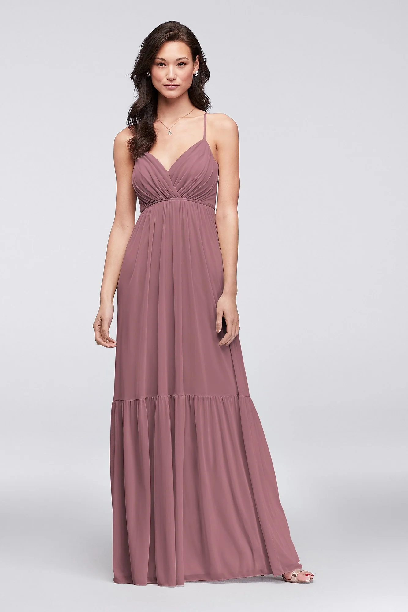 Surplice Mesh Bridesmaid Dress with Peasant Skirt - Image 17