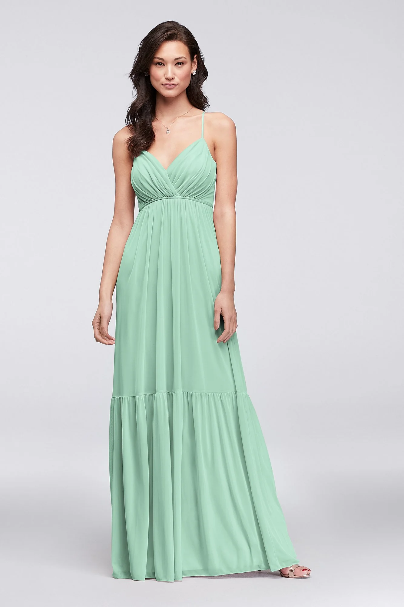 Surplice Mesh Bridesmaid Dress with Peasant Skirt - Image 34