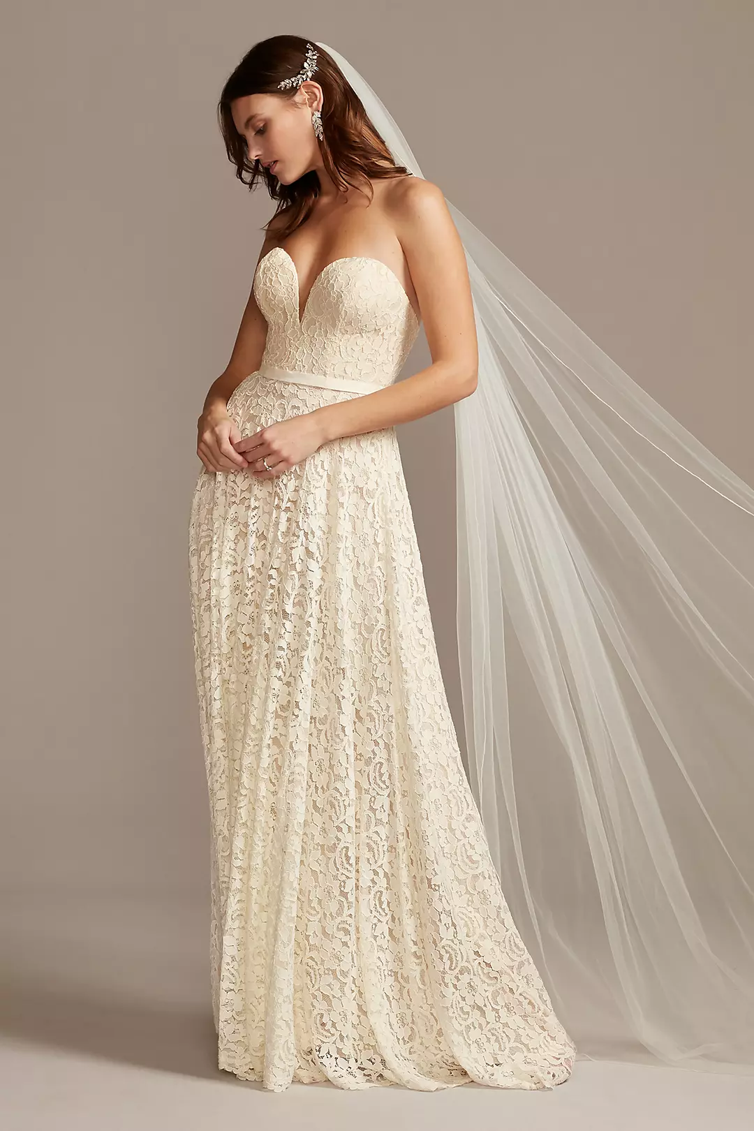 Sweetheart Plunge Lace Wedding Dress with Sash - Image 17