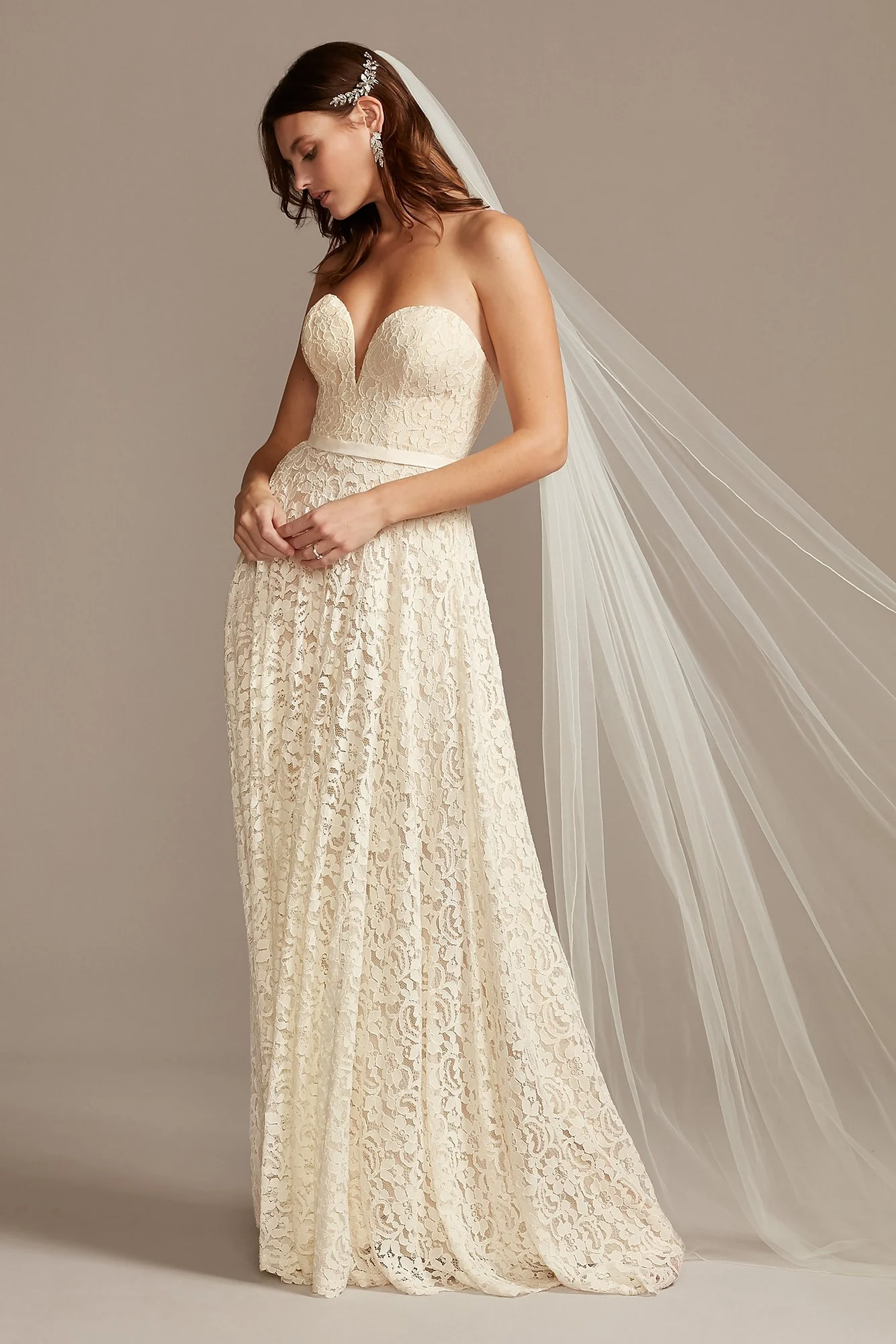 Sweetheart Plunge Lace Wedding Dress with Sash - Image 6