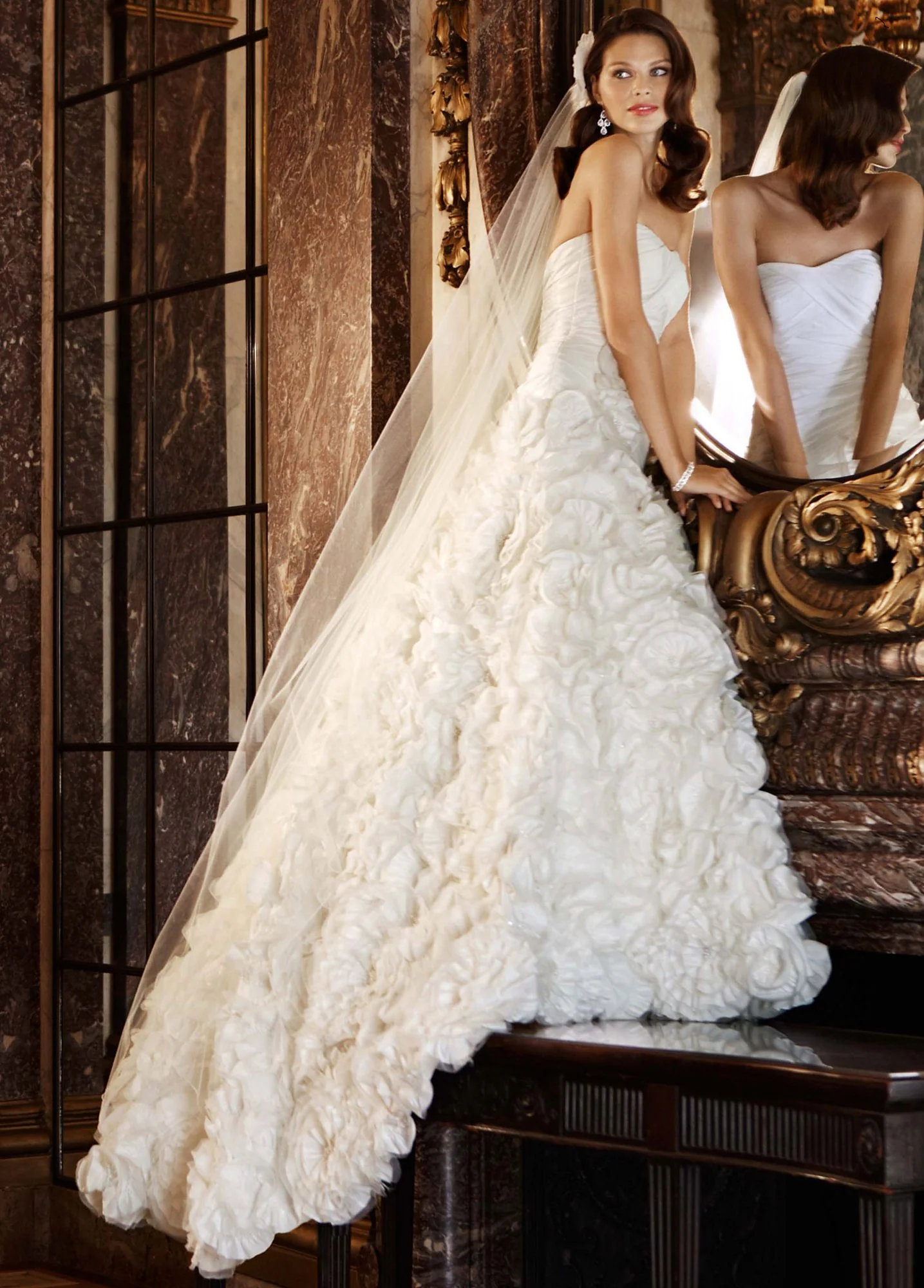 Taffeta Ball Gown with Floral Appliques on Skirt