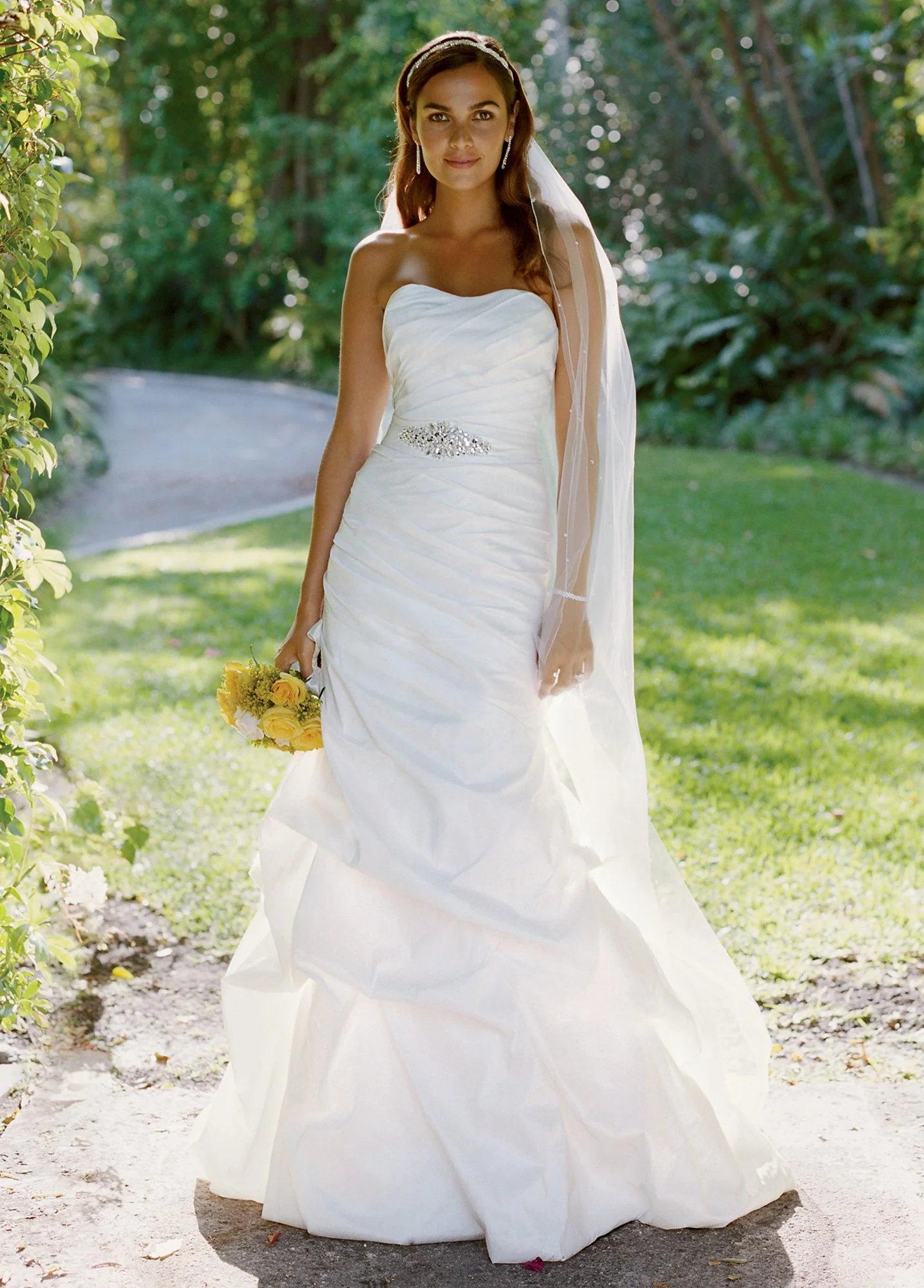 Taffeta Fit and Flare Gown with Pick-Ups and Sash