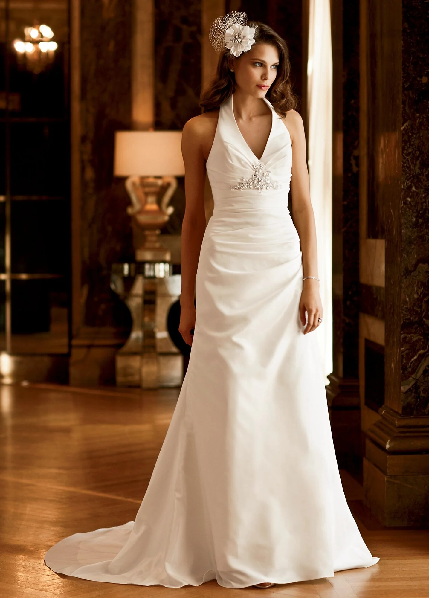 Taffeta High-Collar Side-Draped Trumpet Gown