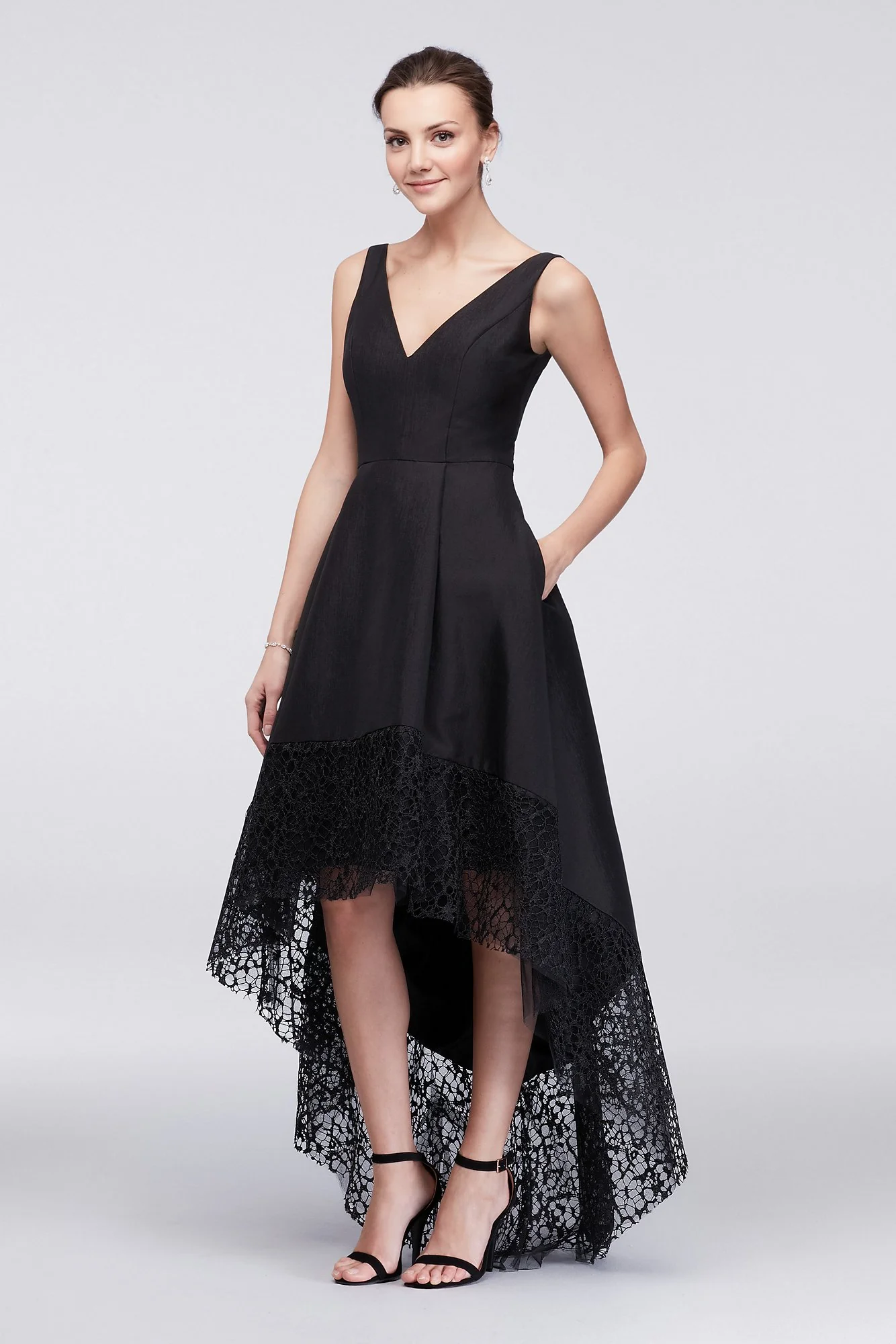 Taffeta High-Low Ball Gown with Wide Lace Hem
