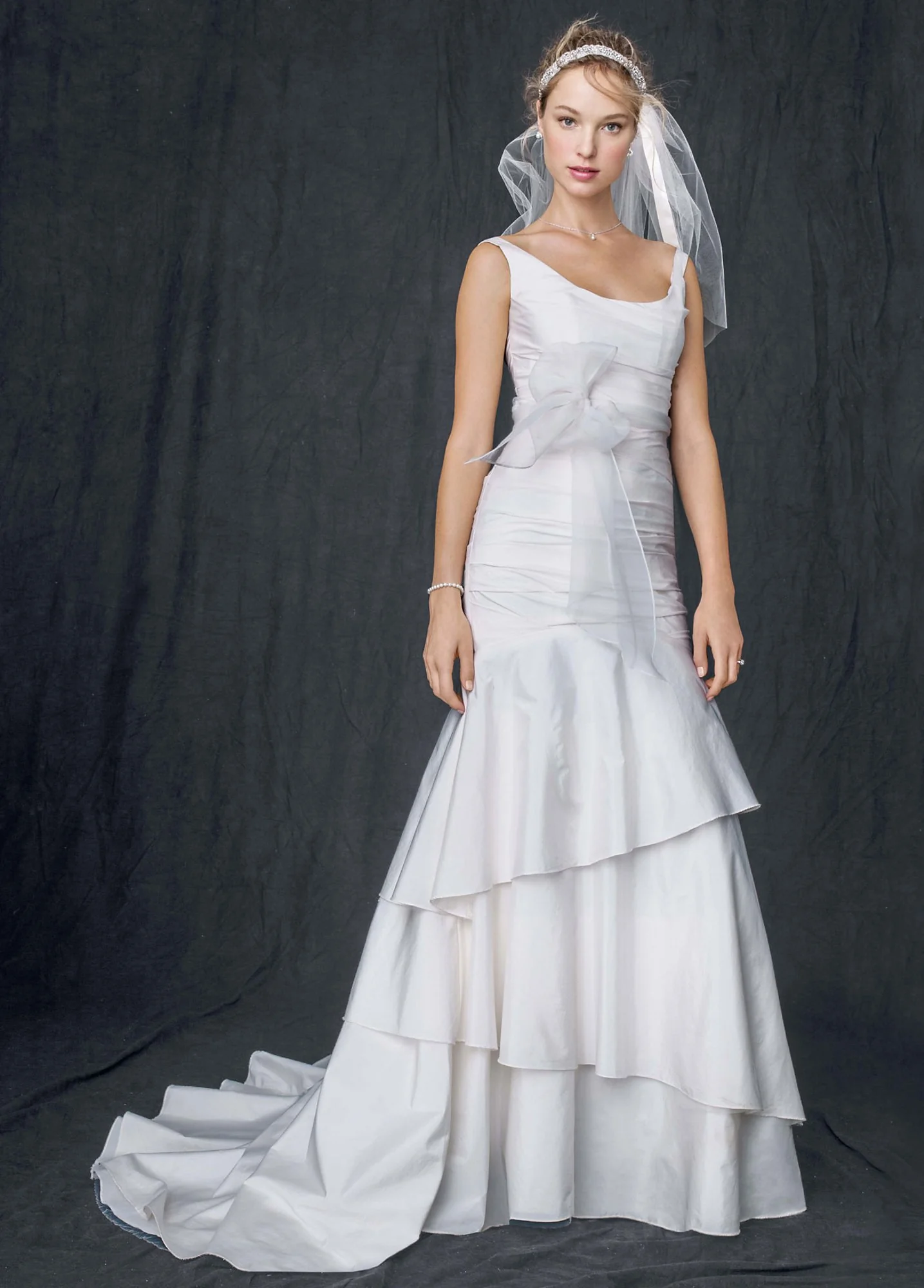 Taffeta Scoop Neck Ruched Bridal Gown with Tiering - Image 2
