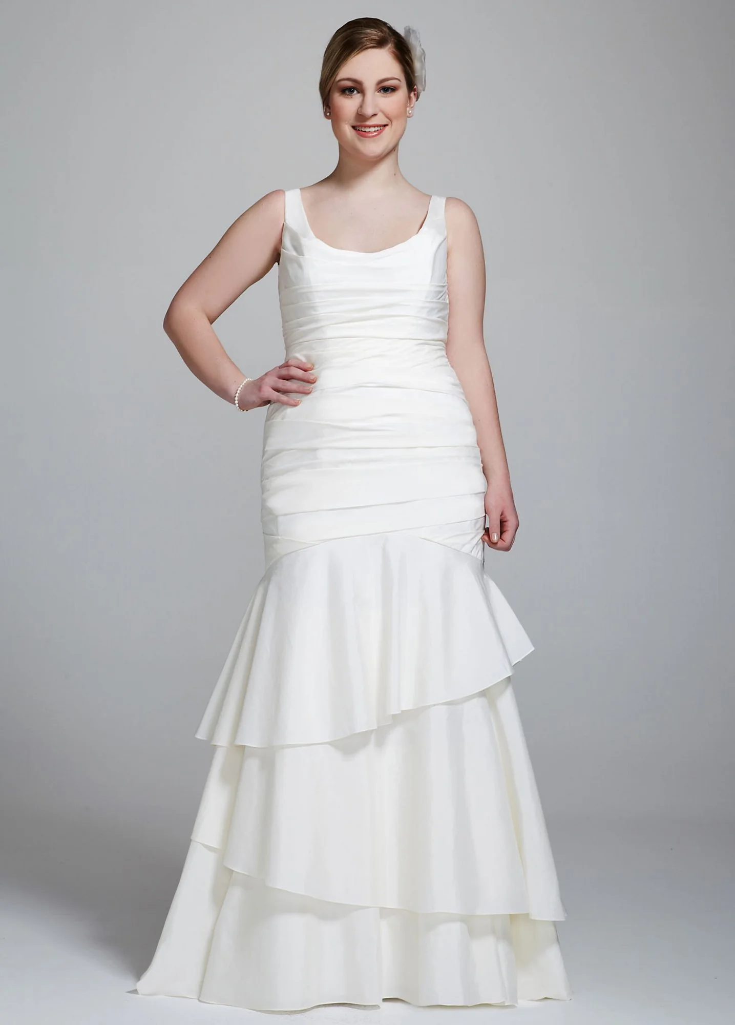 Taffeta Scoop Neck Ruched Bridal Gown with Tiering