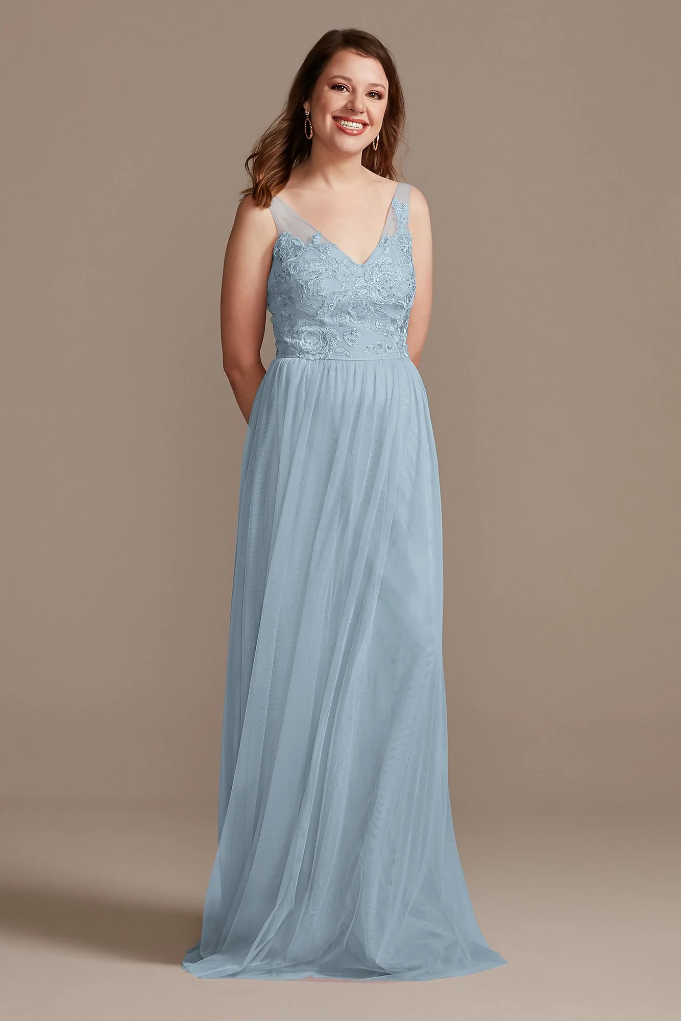 Tank V-Neck Embroidered Soft Net Bridesmaid Dress - Image 15