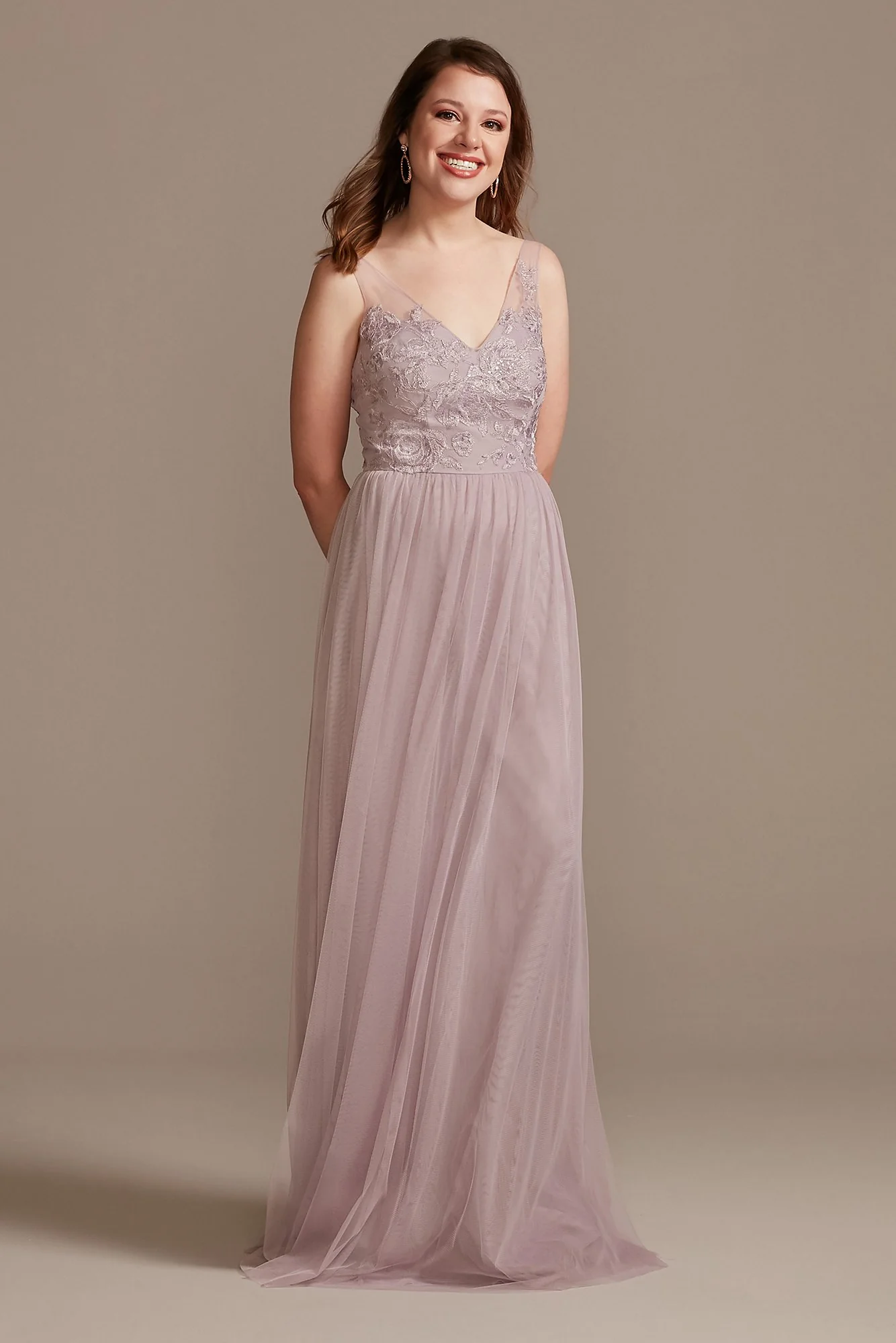 Tank V-Neck Embroidered Soft Net Bridesmaid Dress - Image 20