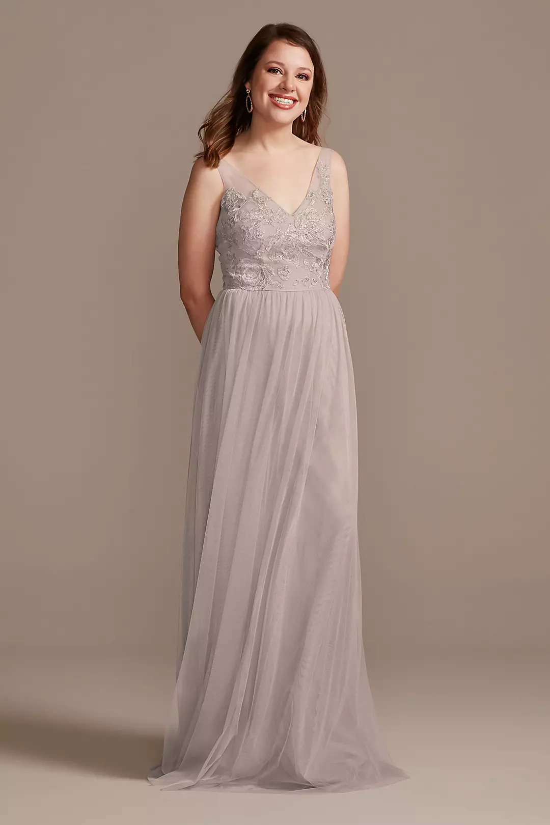 Tank V-Neck Embroidered Soft Net Bridesmaid Dress - Image 21