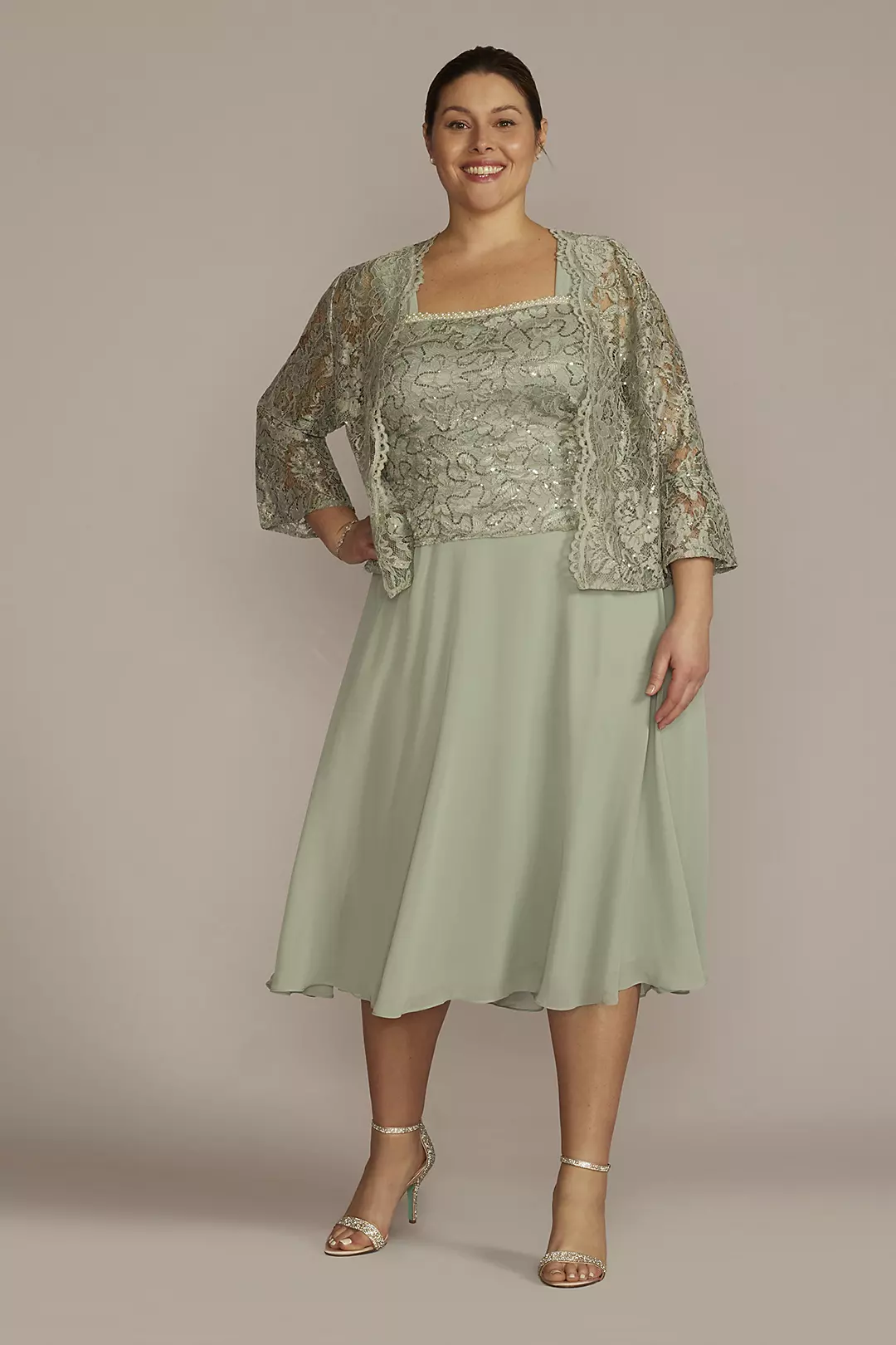 Tea-Length Lace and Chiffon A-Line Jacket Dress - Image 8