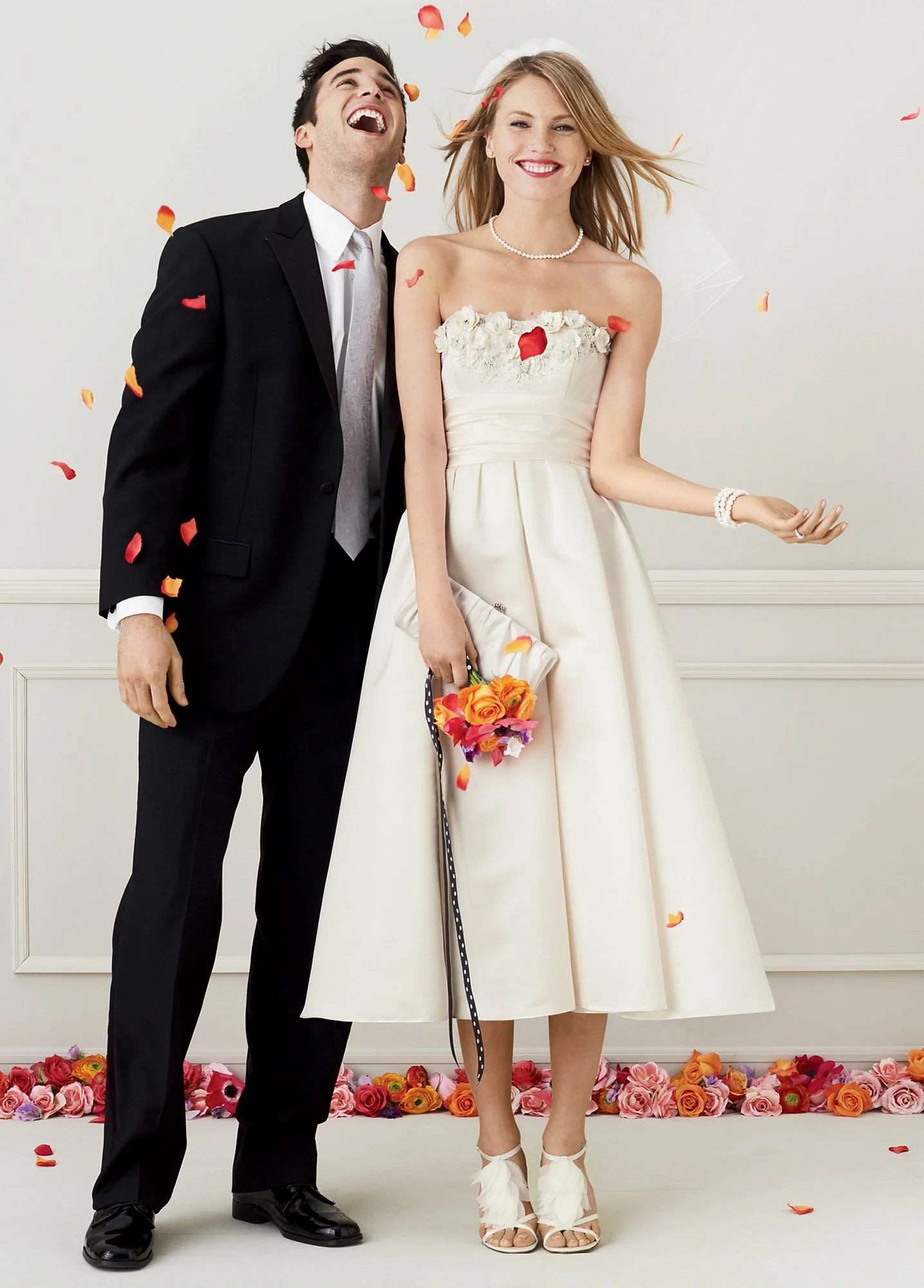 Tea-Length Satin Gown with 3D Floral Details