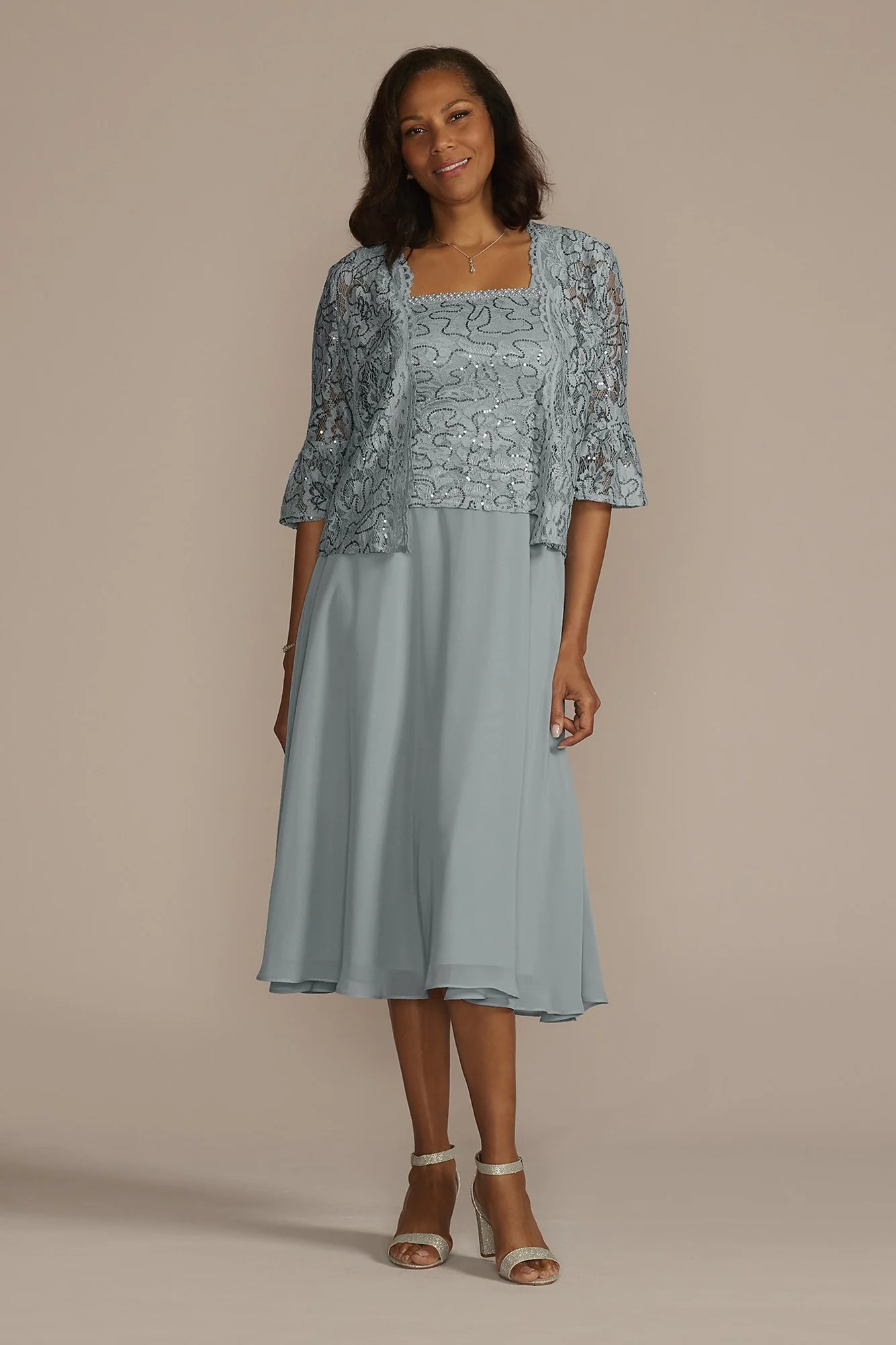 Tea Length Sequin Lace and Chiffon Jacket Dress