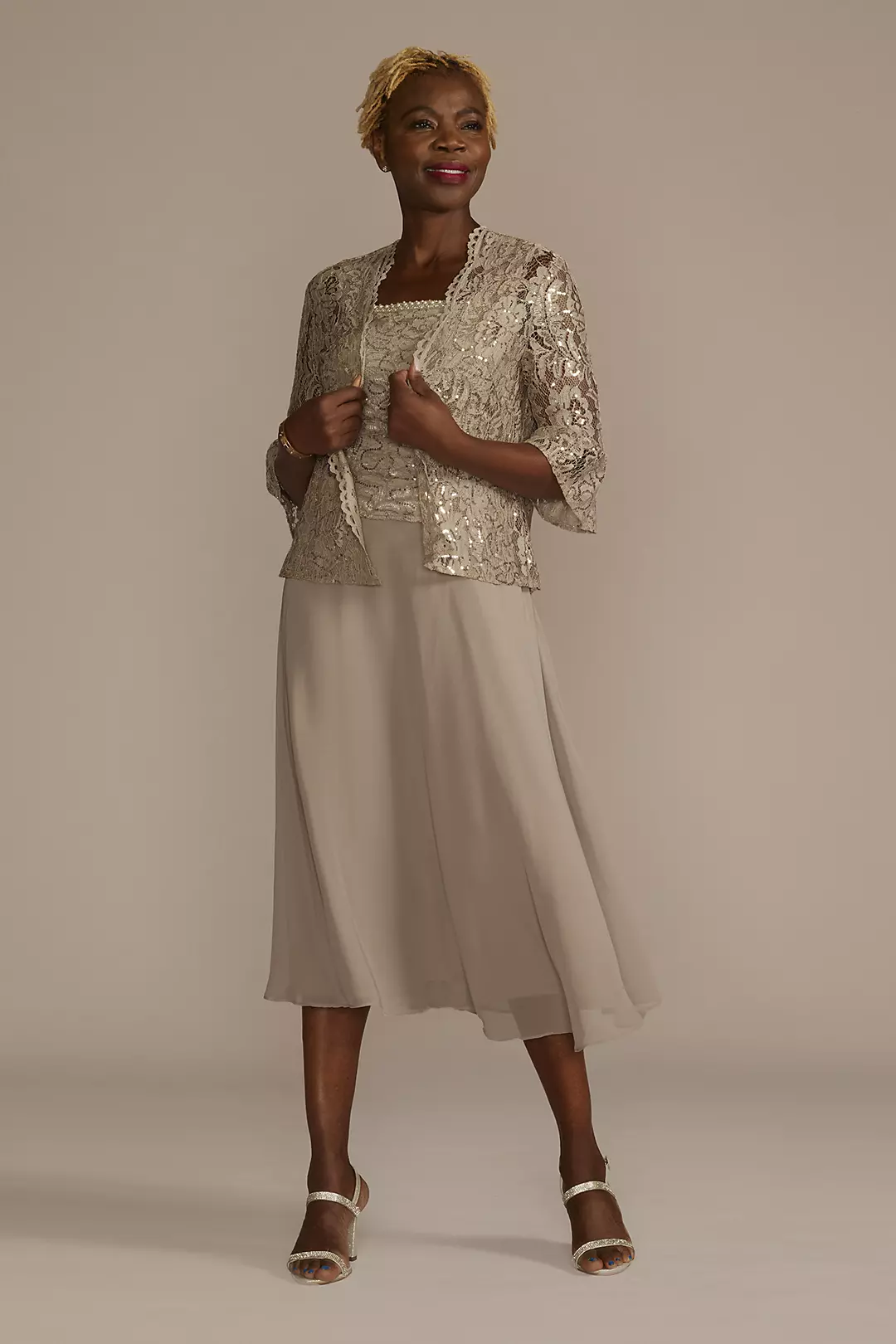 Tea Length Sequin Lace and Chiffon Jacket Dress - Image 4