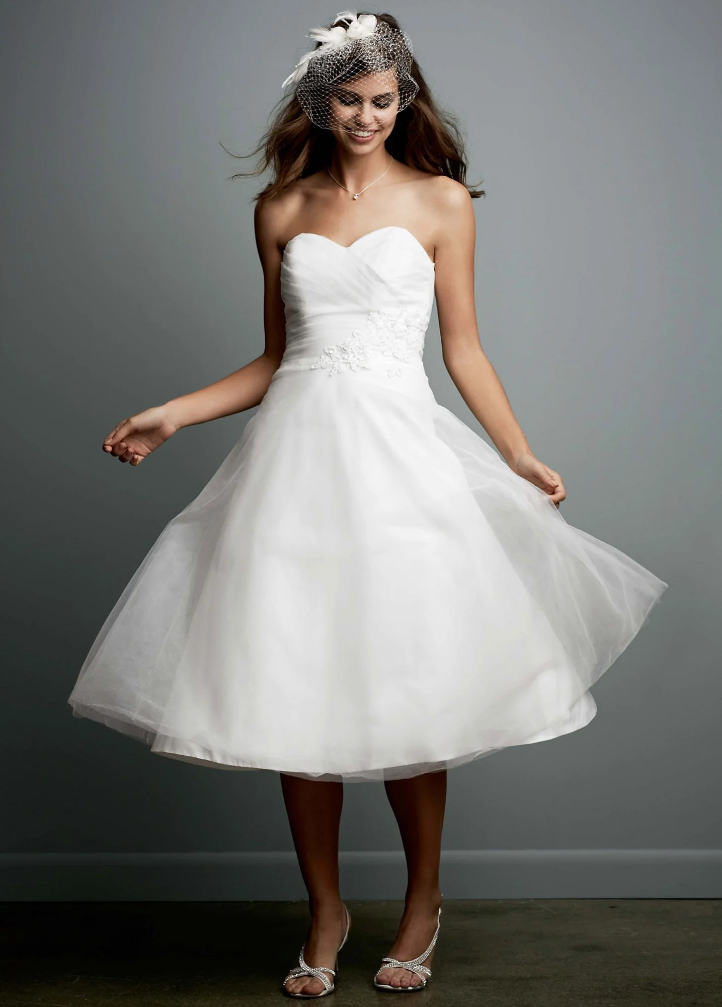 Tea-Length Strapless Tulle Gown with Floral Sash - Image 2