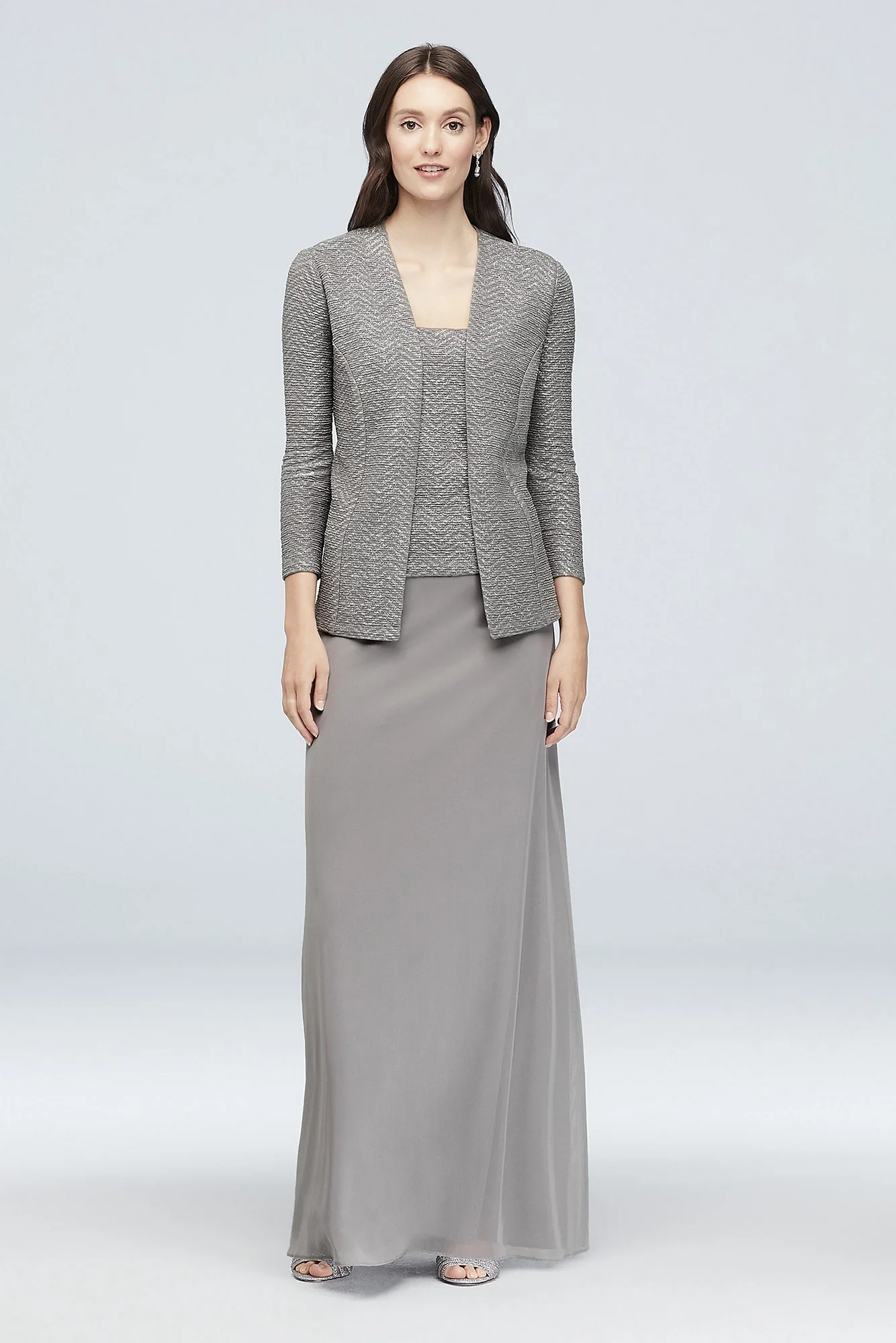 Textured Glitter Knit and Mesh Gown with Jacket - Image 2