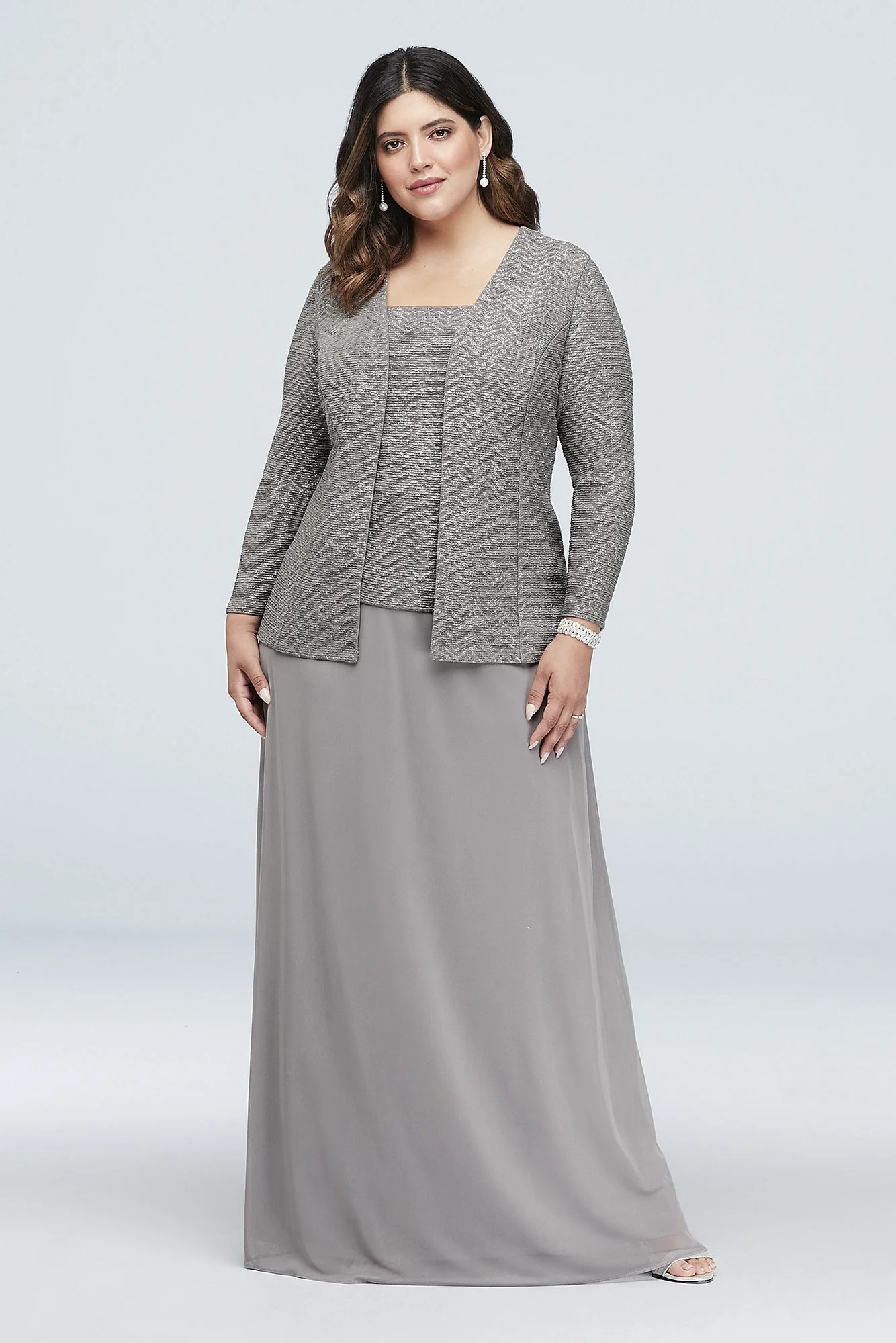 Textured Glitter Knit and Mesh Gown with Jacket - Image 3