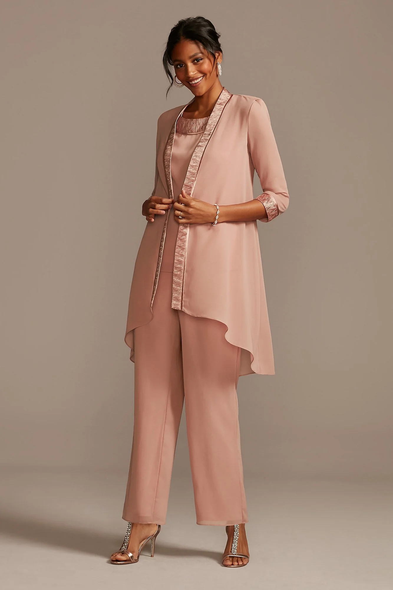 Three-Piece Chiffon Pantsuit with High-Low Jacket