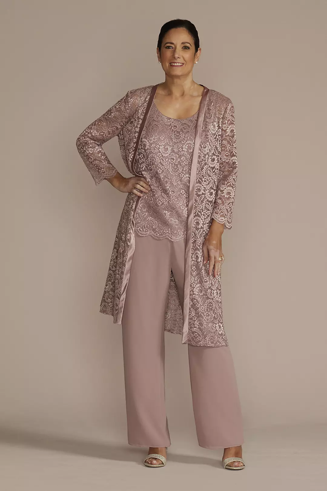 Three Piece Lace Duster Pantsuit Set - Image 2