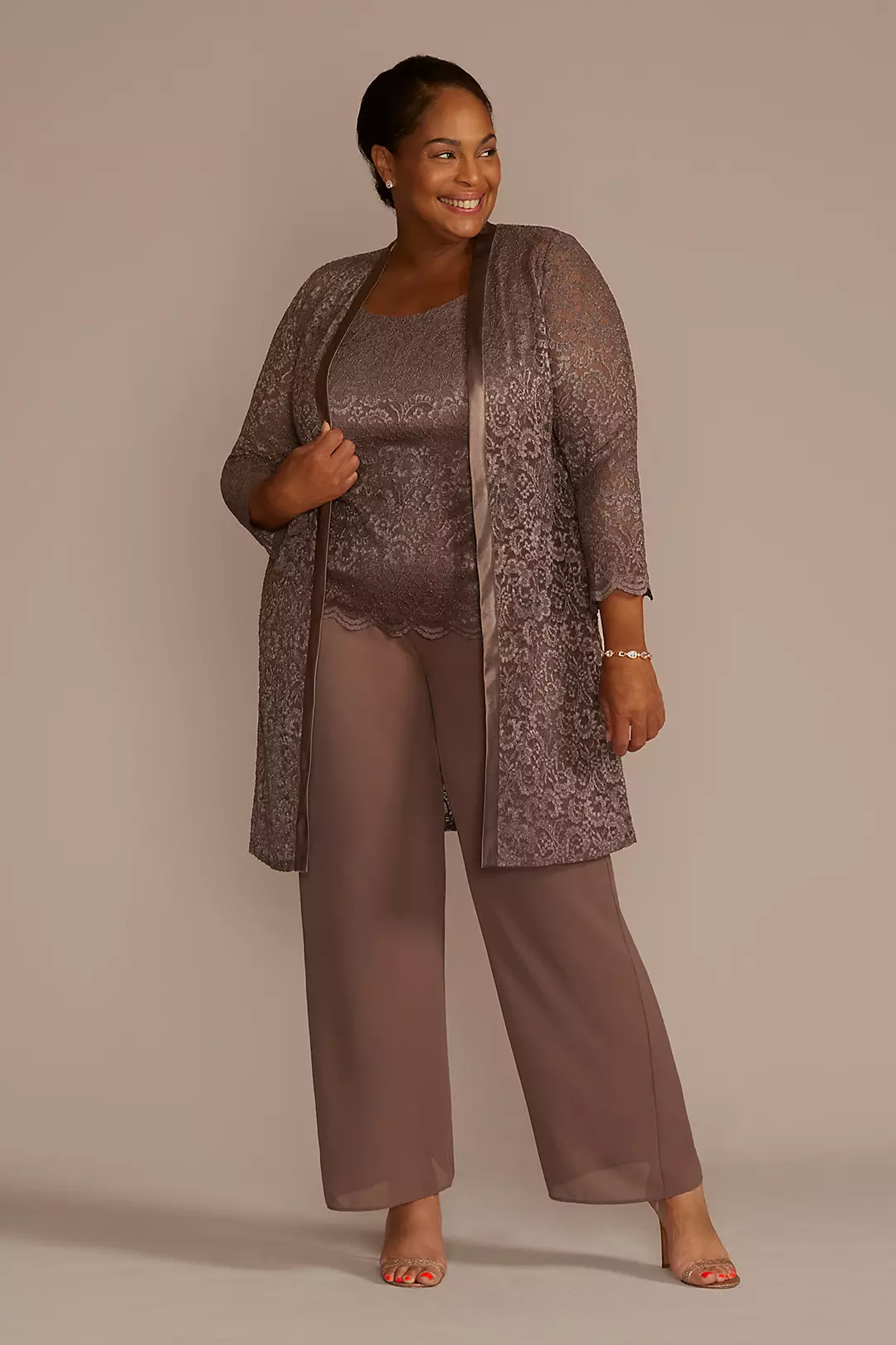 Three Piece Lace Duster Pantsuit Set - Image 3