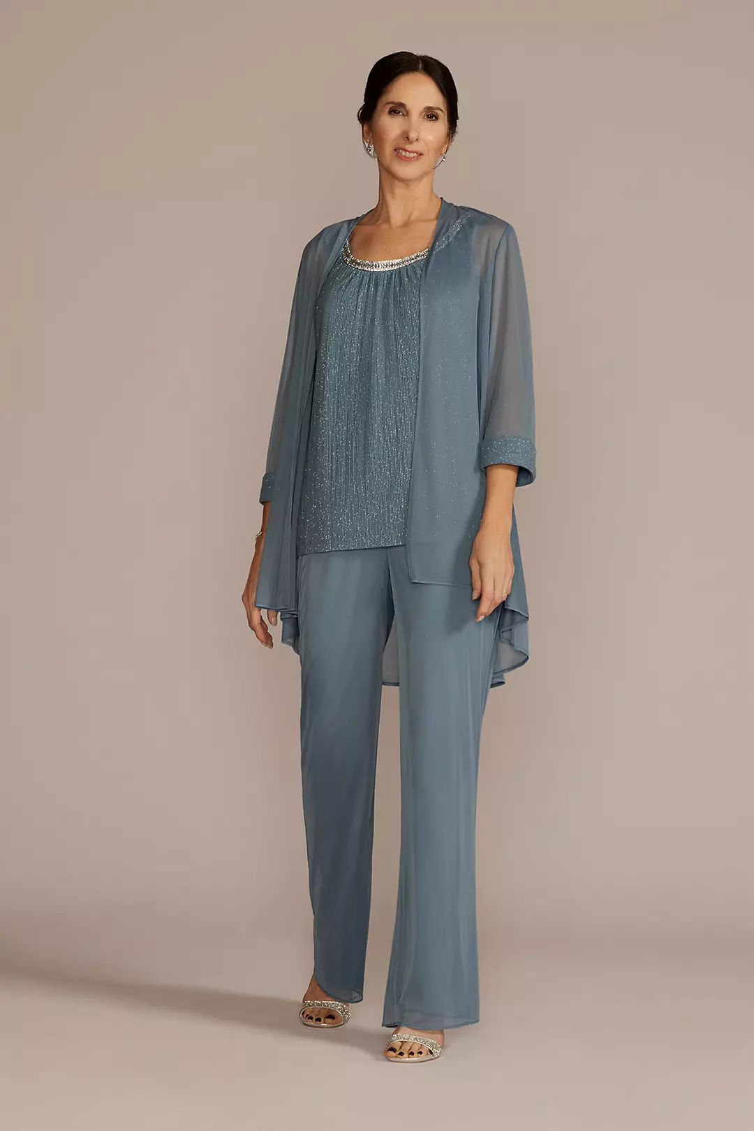 Three Piece Rhinestone Trimmed Chiffon Pantsuit - Image 9