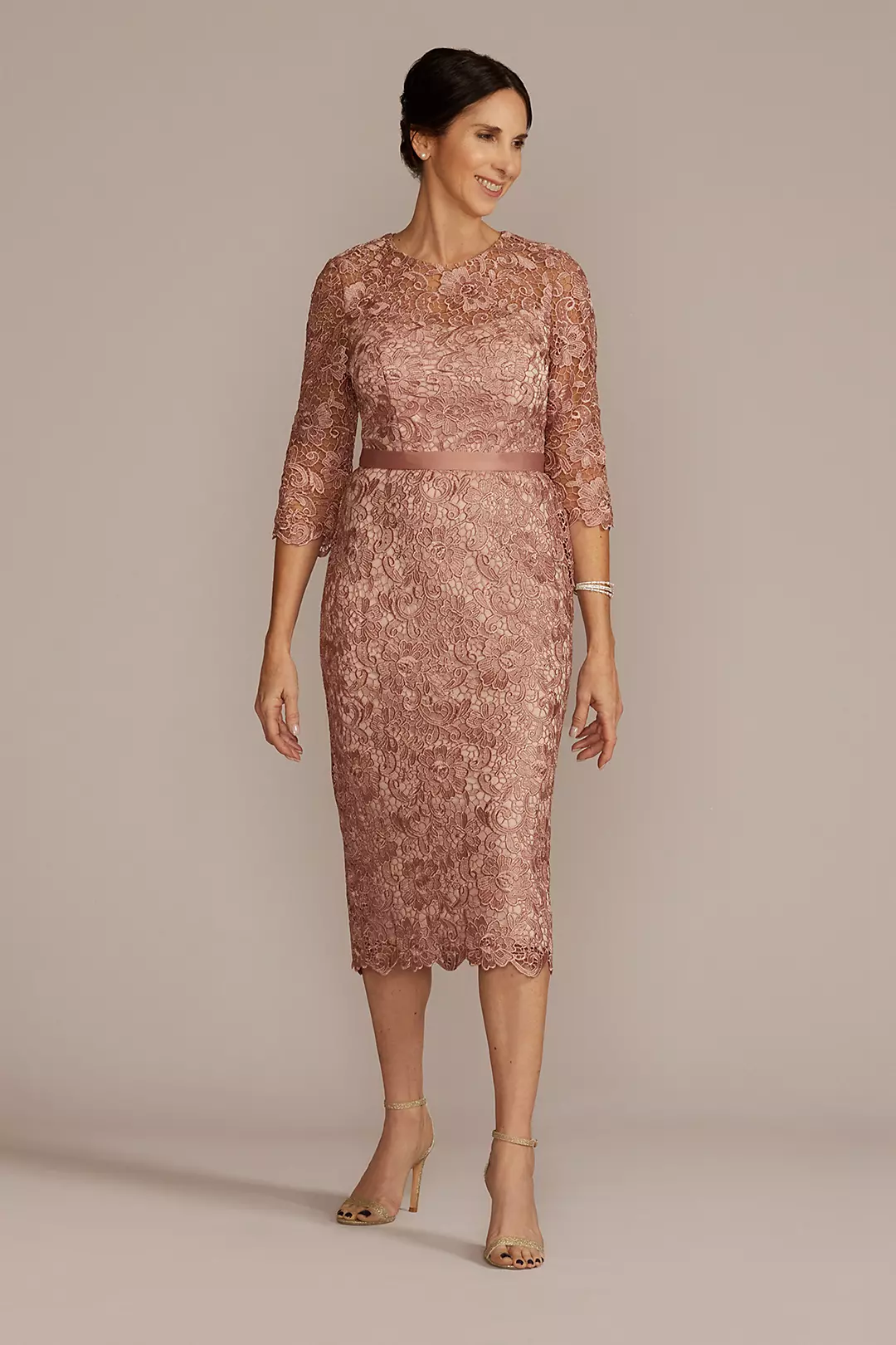 Three-Quarter Lace Dress with Satin Waistband - Image 3