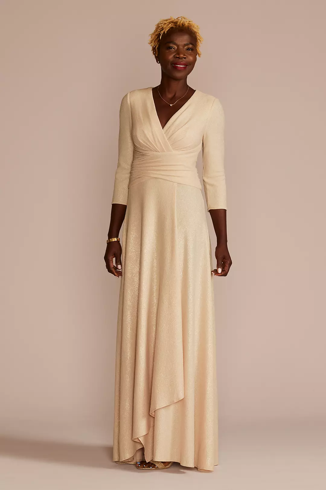 Three-Quarter Sleeve Metallic A-Line Wrap Dress