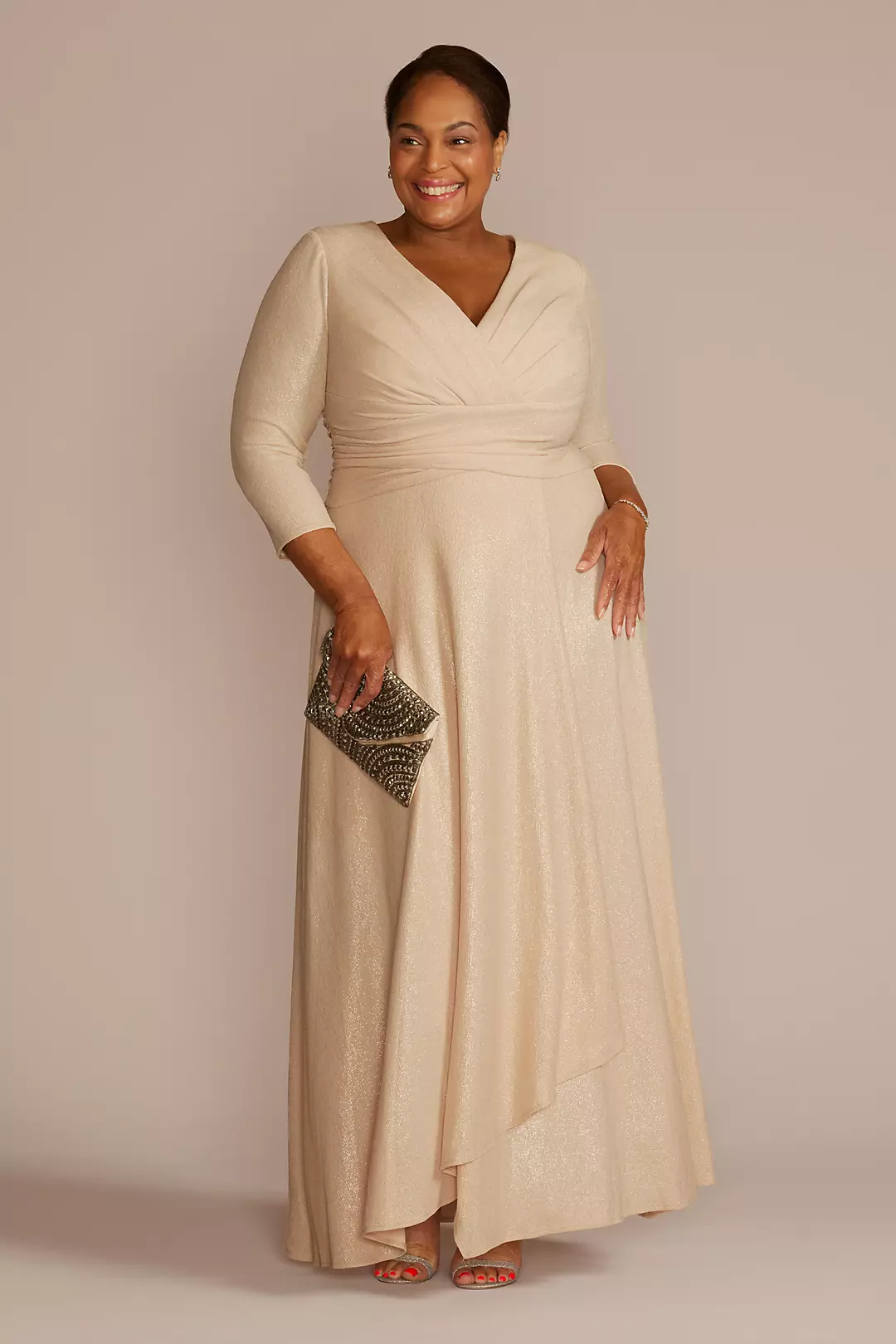Three-Quarter Sleeve Metallic A-Line Wrap Dress - Image 5