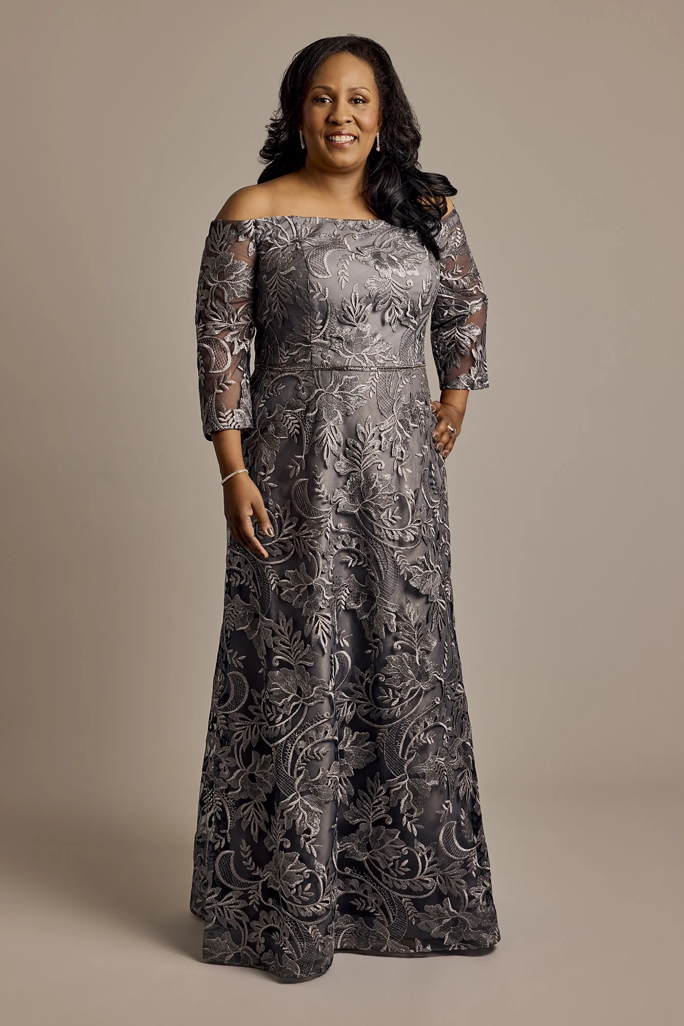Three-Quarter Sleeve Metallic Embroidered Dress