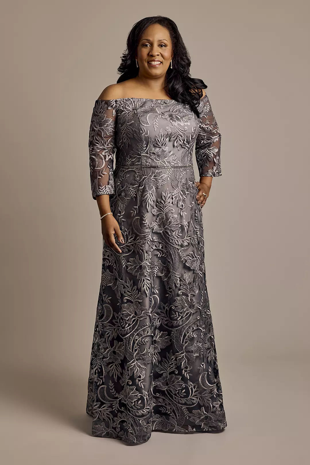 Three-Quarter Sleeve Metallic Embroidered Dress - Image 2