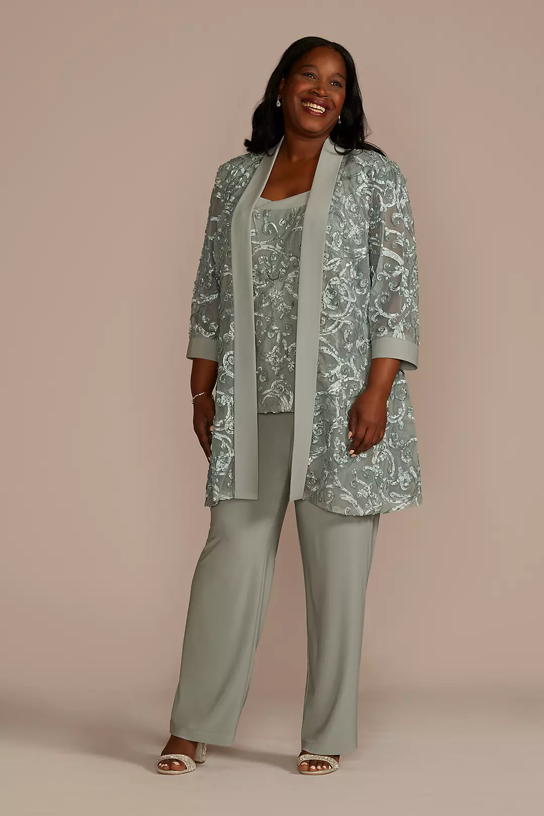 Three-Quarter Sleeve Soutache Embroidered Pantsuit