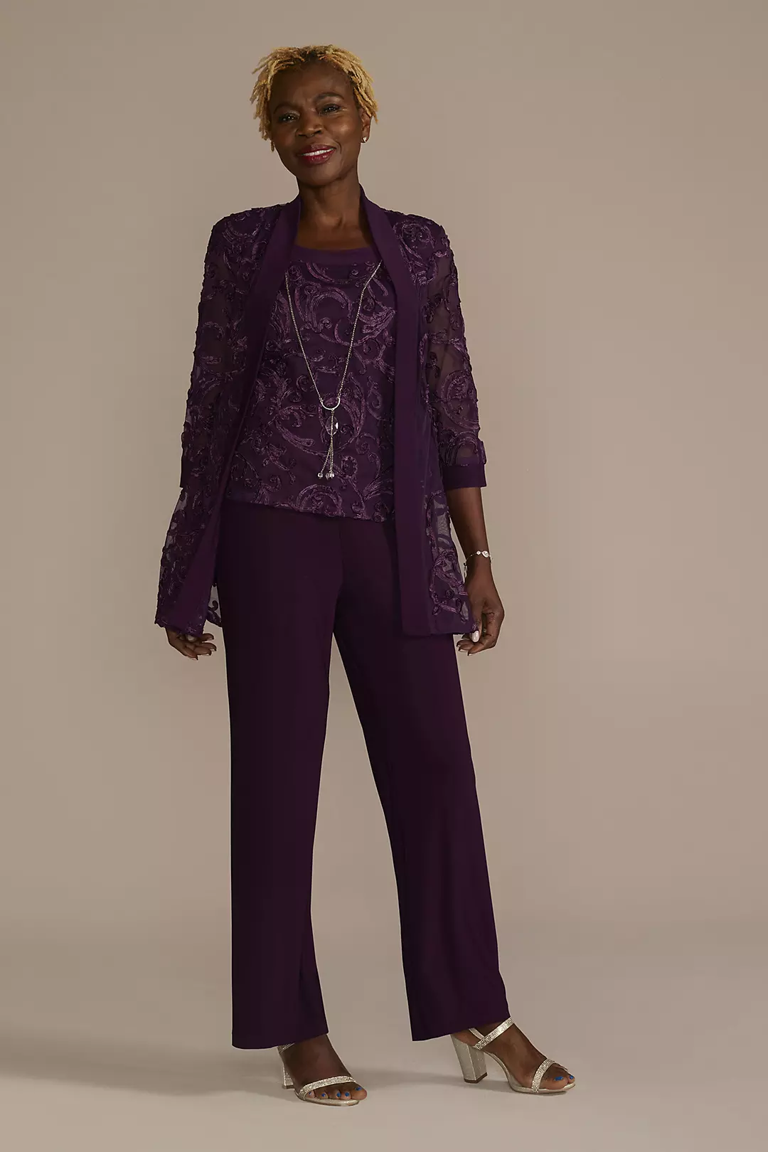 Three-Quarter Sleeve Soutache Embroidered Pantsuit - Image 3