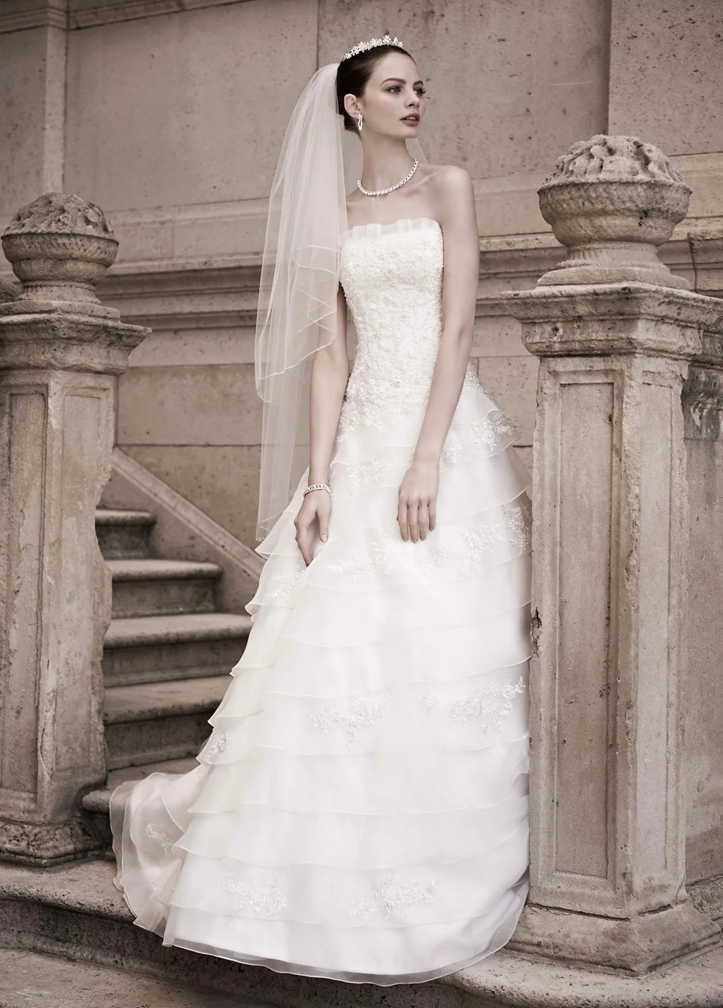 Tiered Ball Gown with Beaded Lace Appliques - Image 2